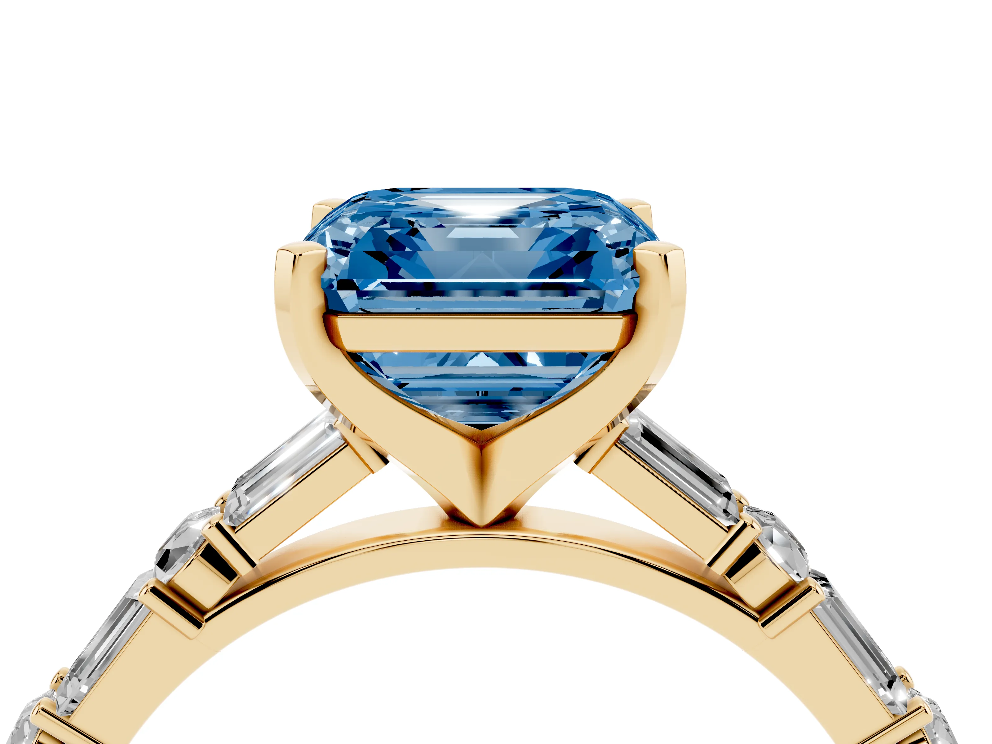 Fancy Blue Asscher Cut Diamond Solitaire Set in Yellow gold with Side Baguettes and Channel Set Band