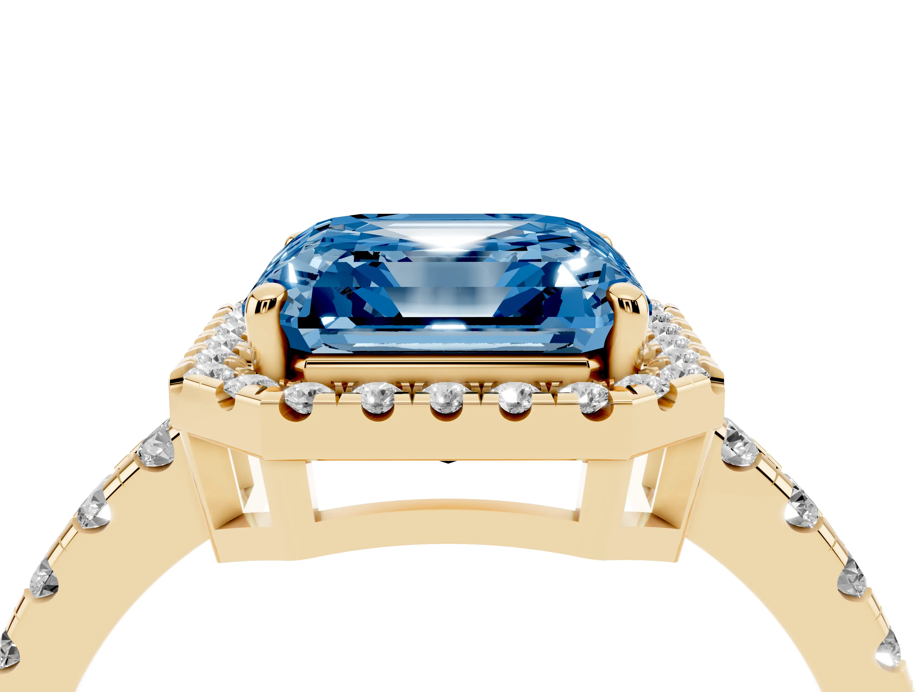 Fancy Blue Asscher Cut Diamond Halo Ring Set in Yellow gold with Delicate Pavé Band and Prong Setting