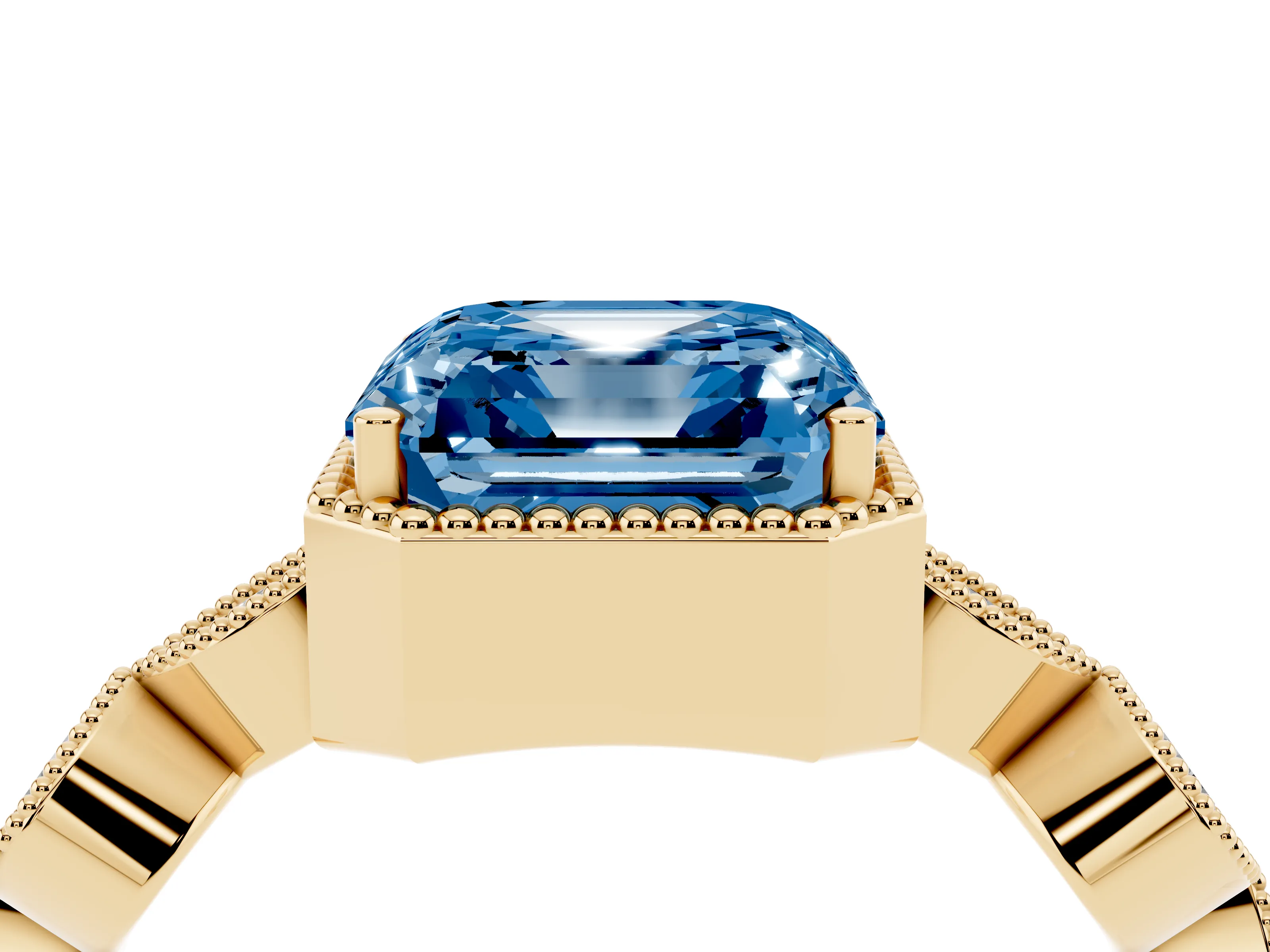 Fancy Blue Asscher Cut Diamond Vintage-Inspired Milgrain Ring Set in Yellow gold with Marquise Stations of Round Accents