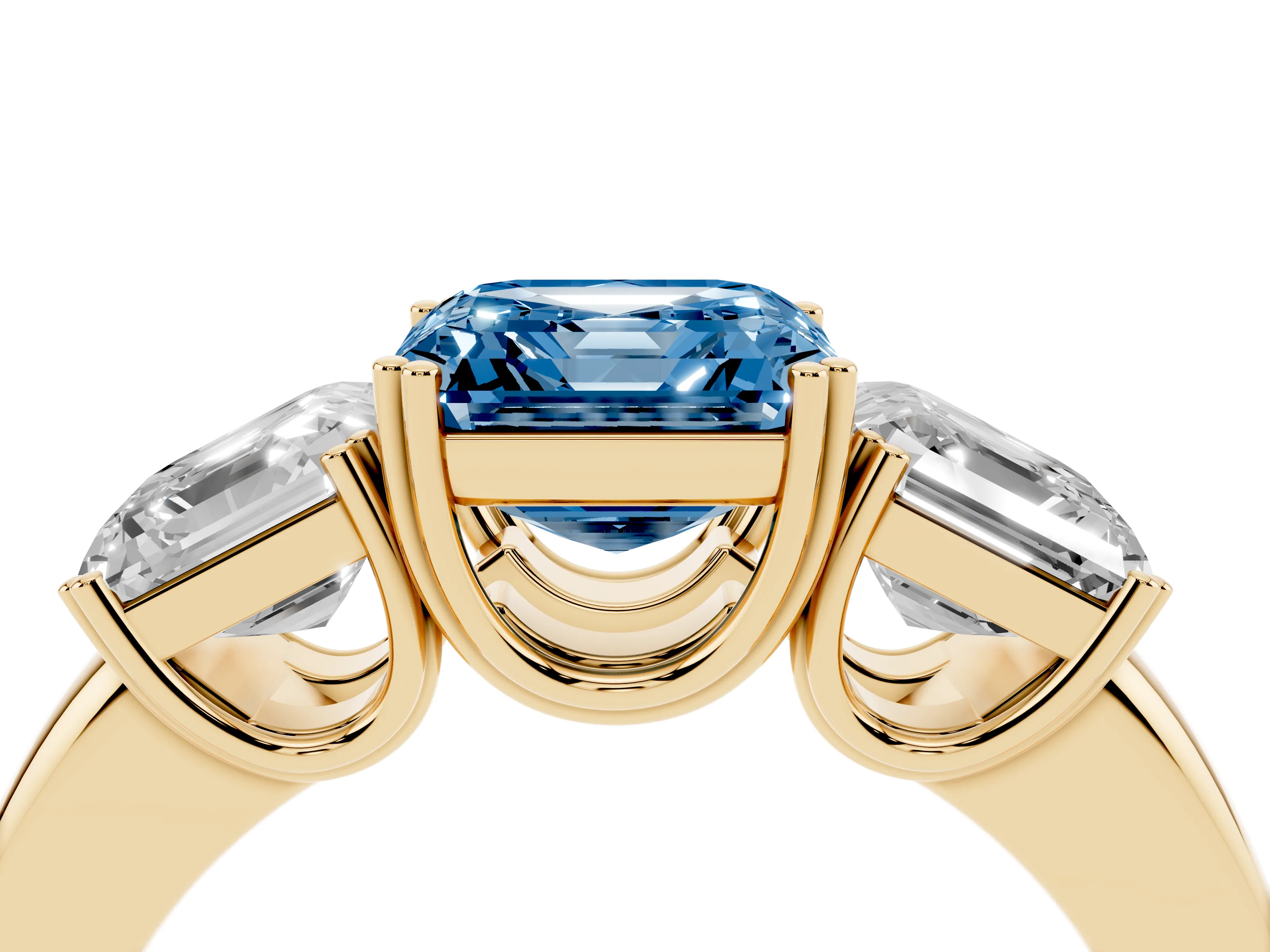 Fancy Blue Asscher Cut Diamond Three-Stone Ring Set in Yellow gold with Polished Band and Prong Setting