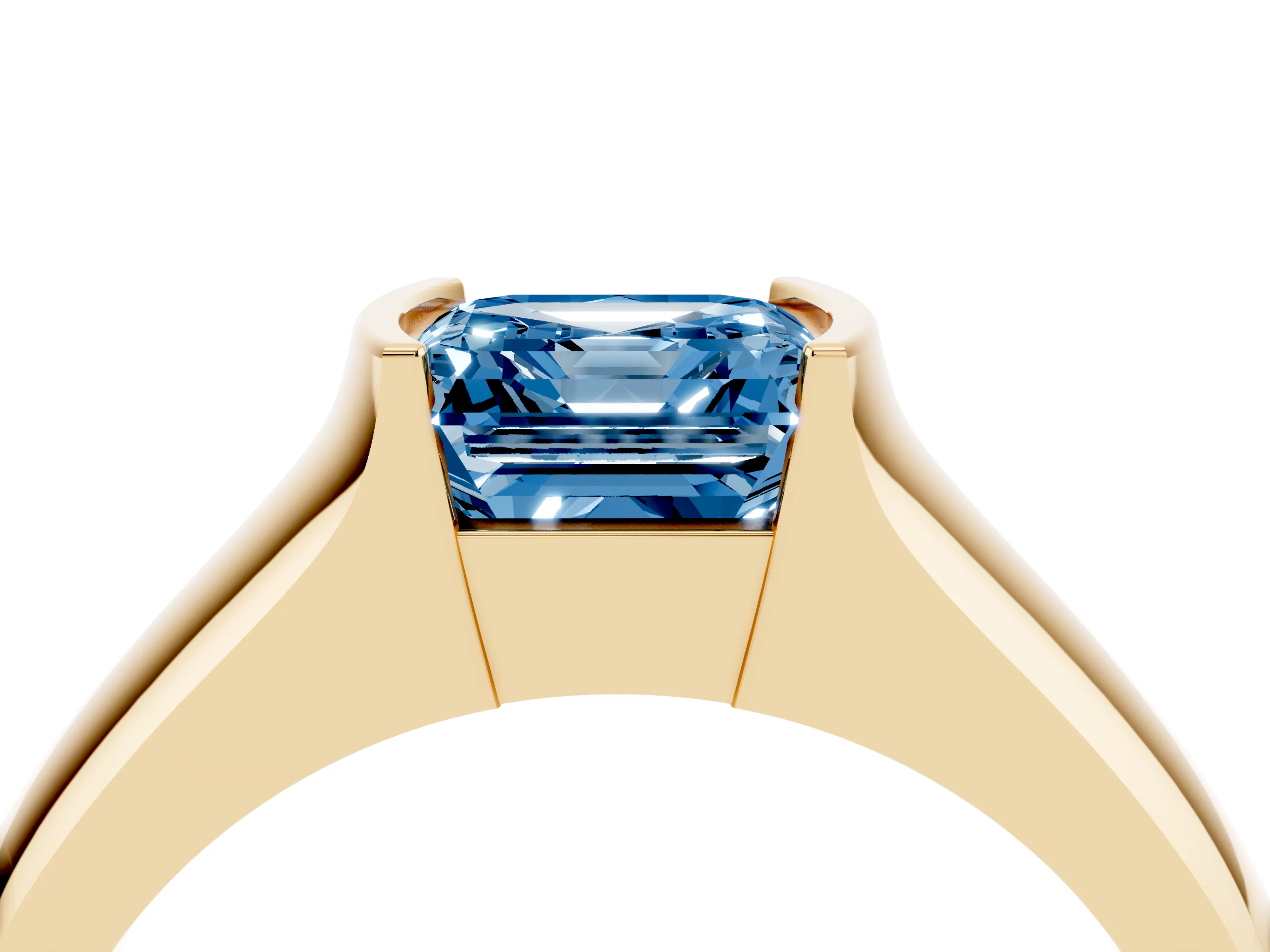 Fancy Blue Asscher Cut Diamond Bezel Solitaire Ring Set in Yellow gold with Wide Band