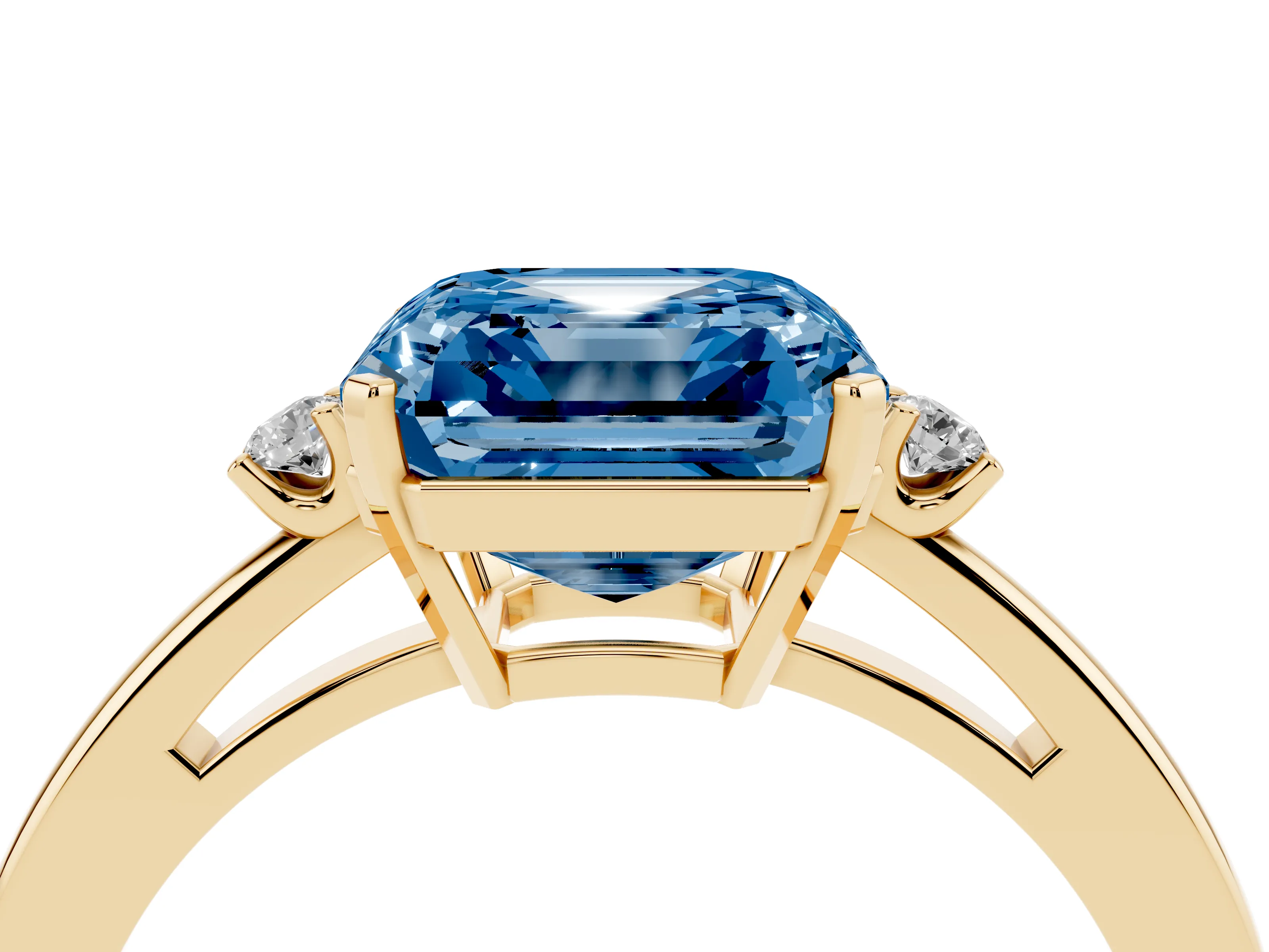 Fancy Blue Three-Stone Asscher Cut Diamond Solitaire Ring Set in Yellow gold with Round Accent Stones and Prong Setting