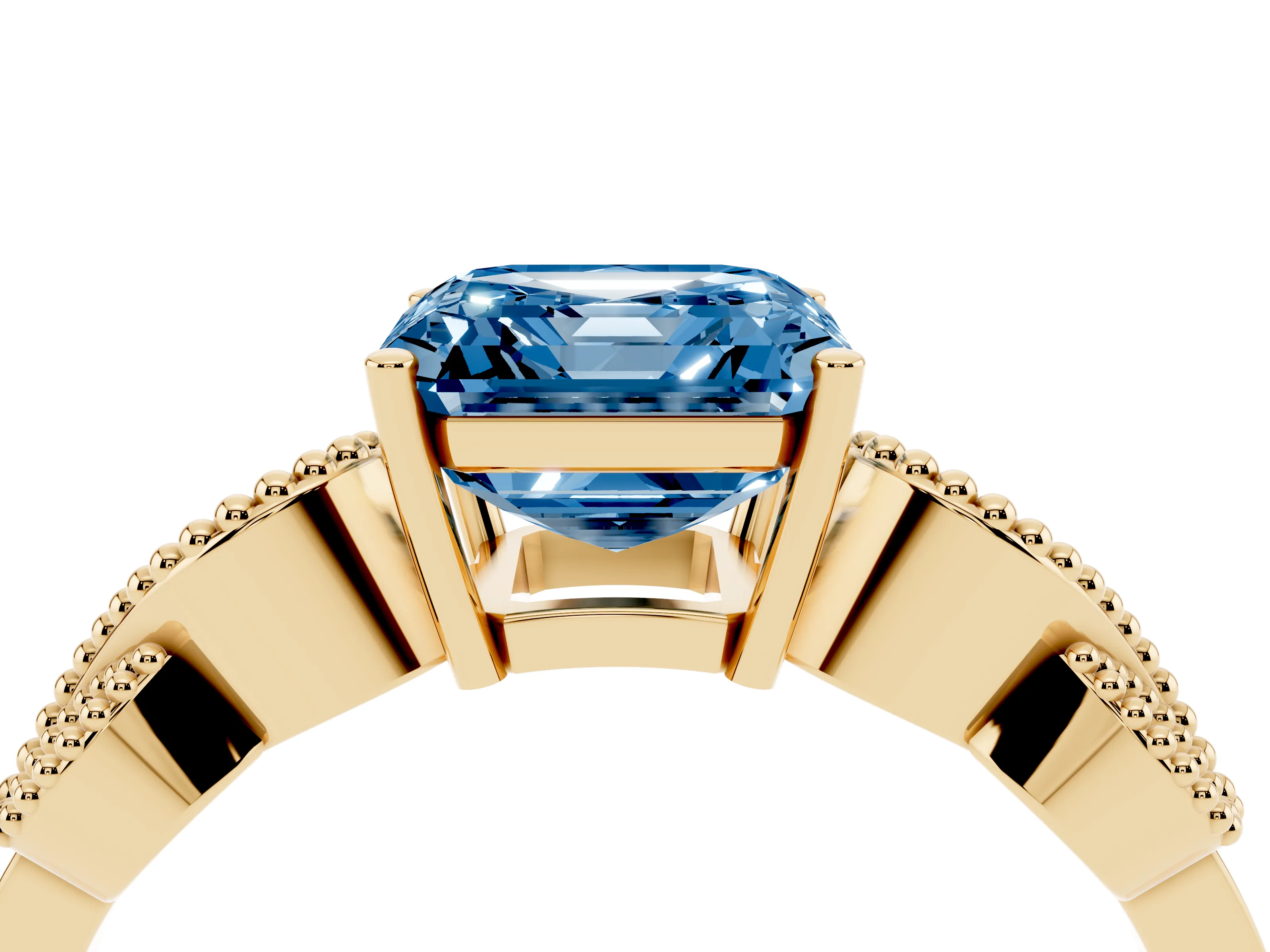 Fancy Blue Asscher Cut Diamond Milgrain Leaf Band Solitaire Ring Set in Yellow gold with Accent Stones and Prong Setting