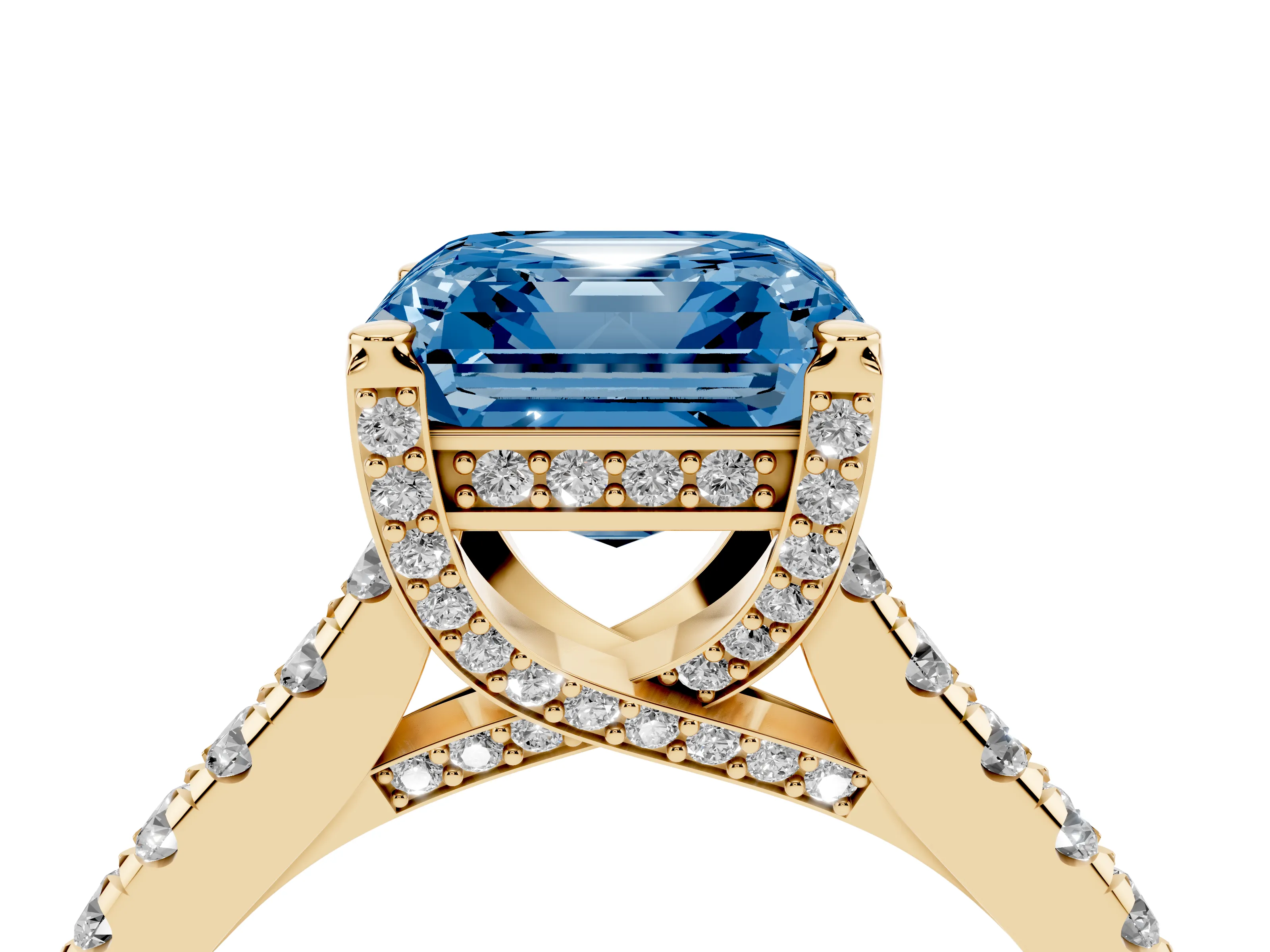 Fancy Blue Asscher Cut Diamond Solitaire Ring Set in Yellow gold with Brilliant Pavé Band and Prong Setting