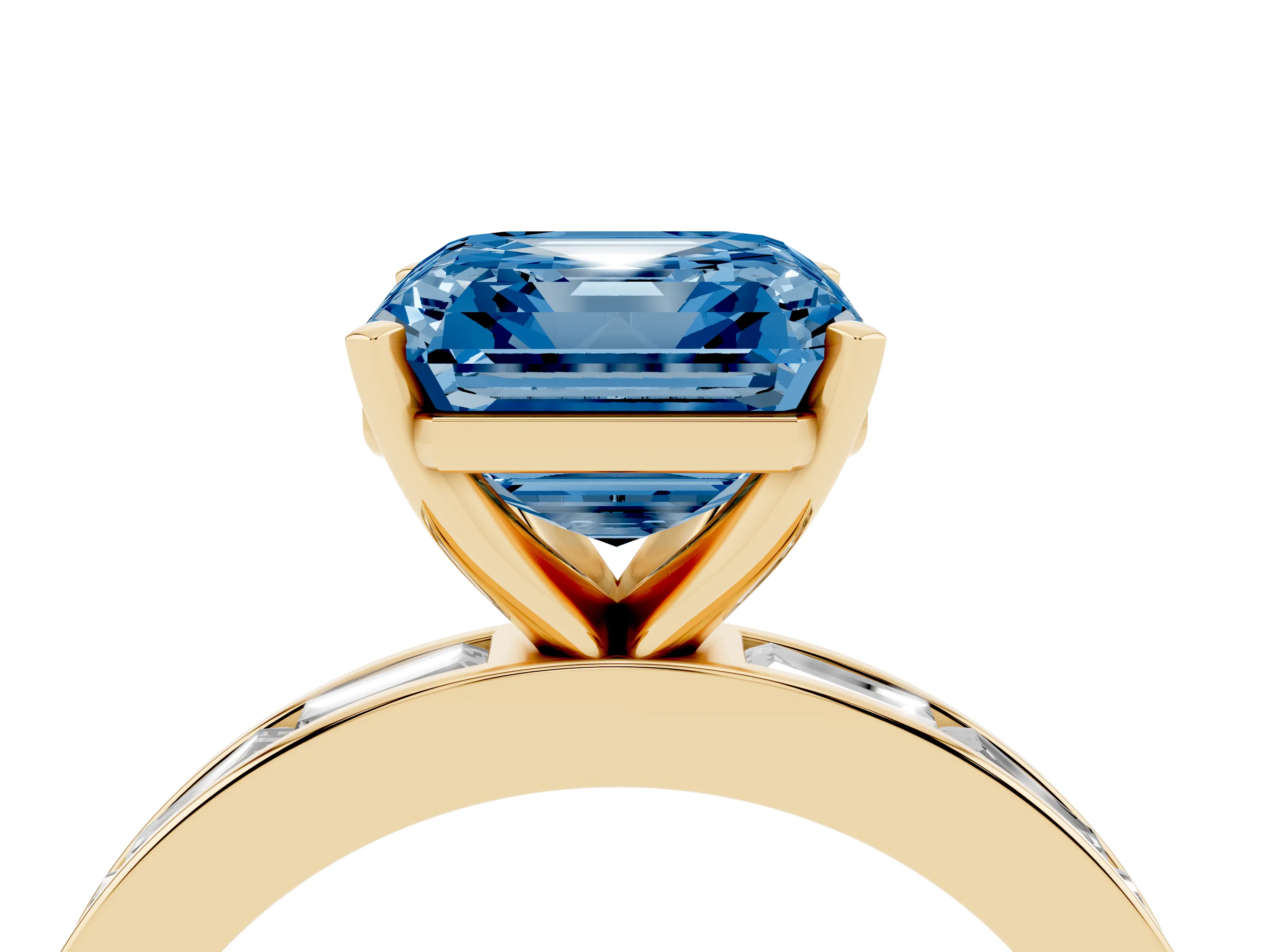 Fancy Blue Asscher Cut Diamond Solitaire Ring Set in Yellow gold with Channel-Set Baguette Band and Prong Setting