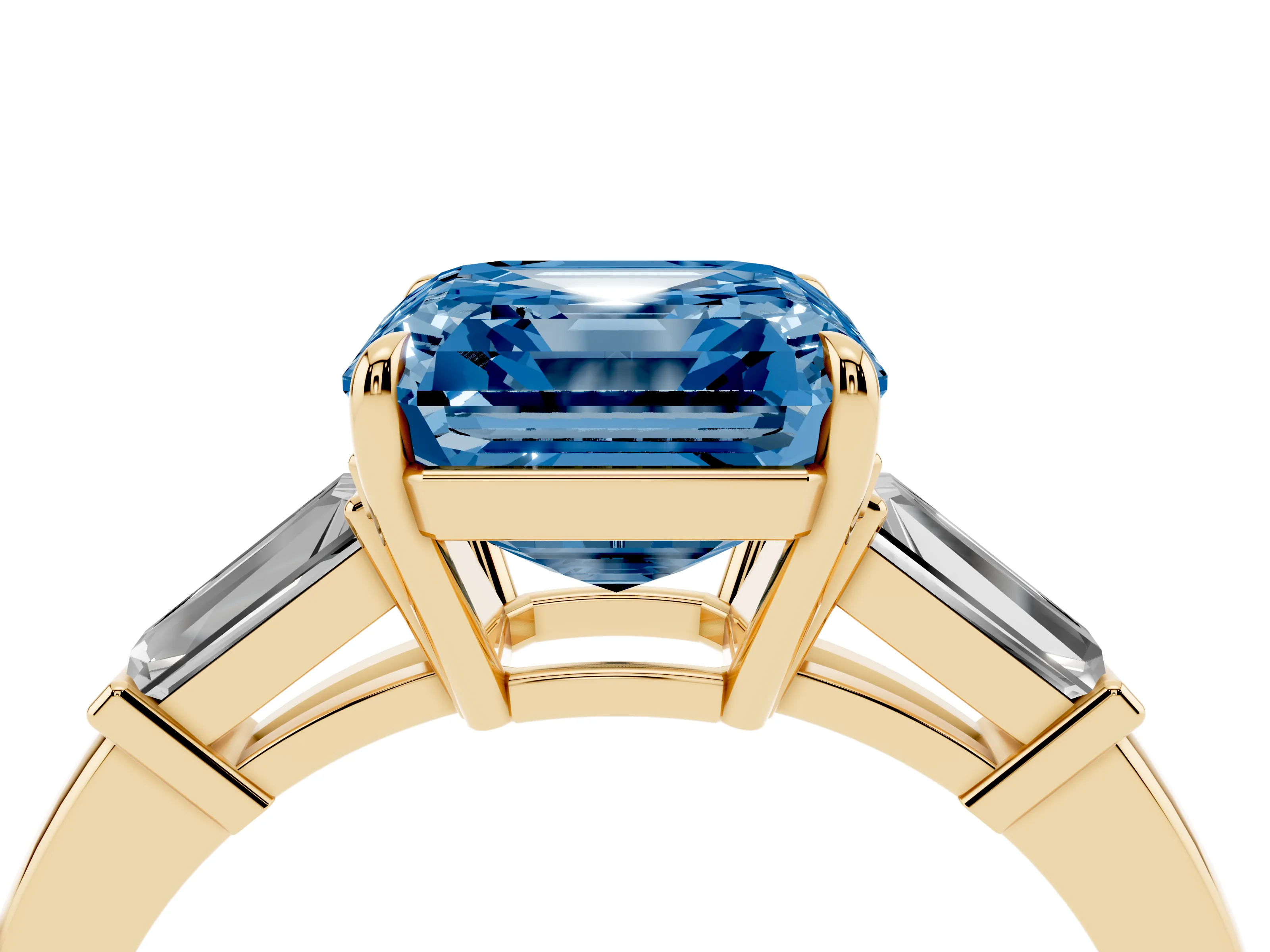 Fancy Blue Asscher Cut Diamond Three-Stone Ring Set in Yellow gold with Tapered Baguette Side Stones and Prong Setting
