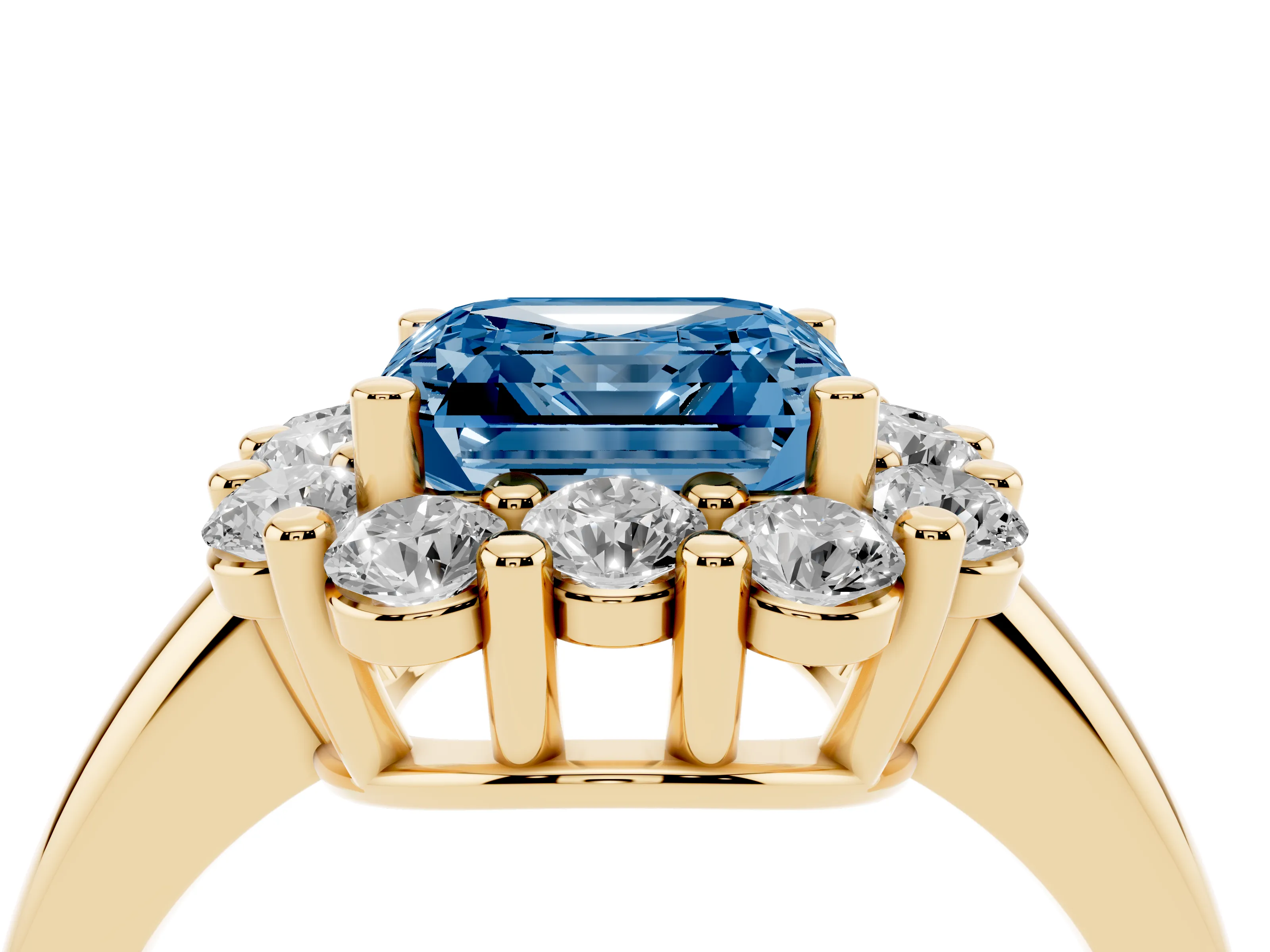 Fancy Blue Asscher Cut Diamond Halo Cluster Engagement Ring Set in Yellow gold with Polished Band and Prong Setting