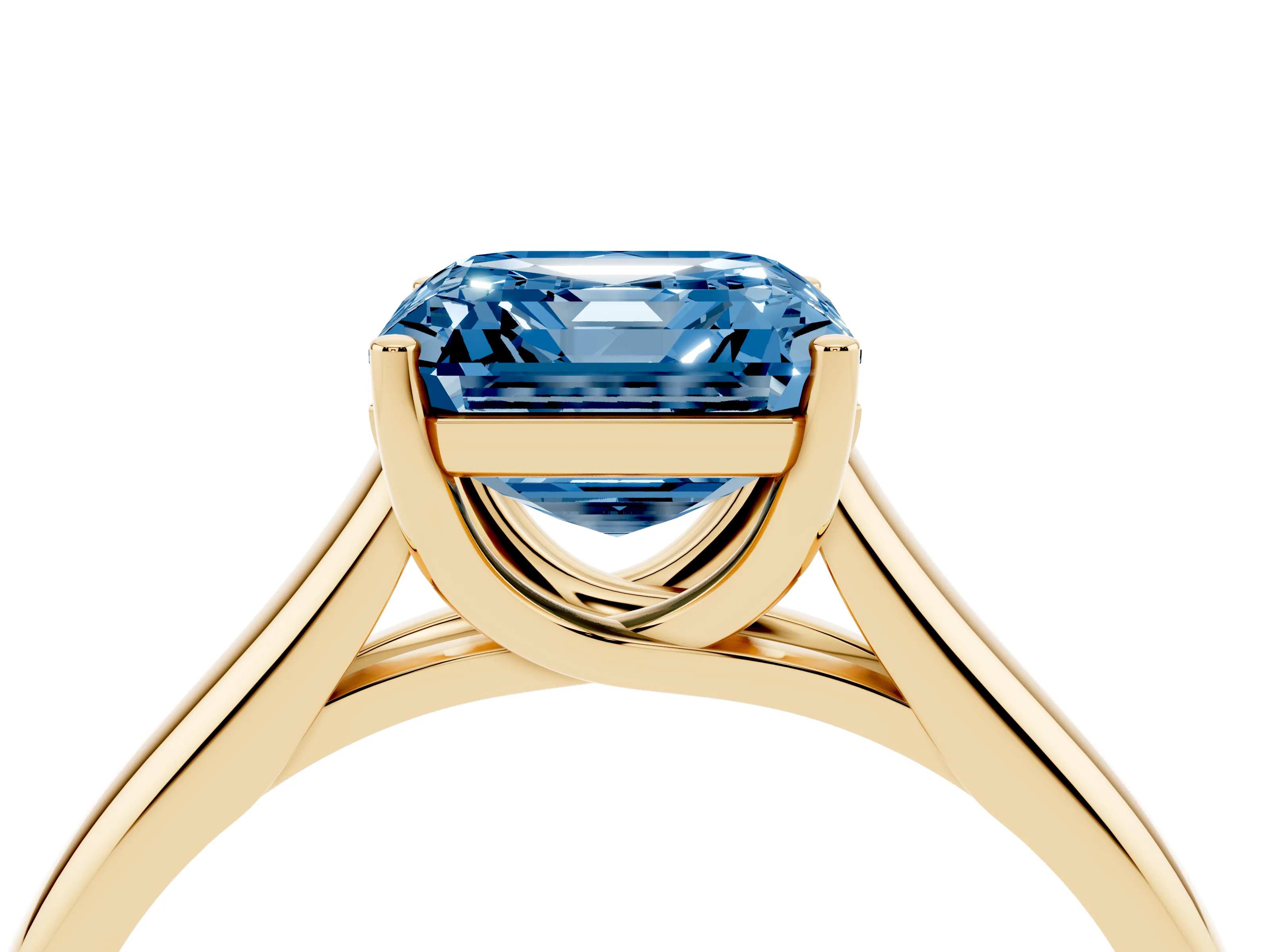Fancy Blue Asscher Cut Diamond Solitaire Engagement Ring Set in Yellow gold with Subtly Tapered Band and Prong Setting
