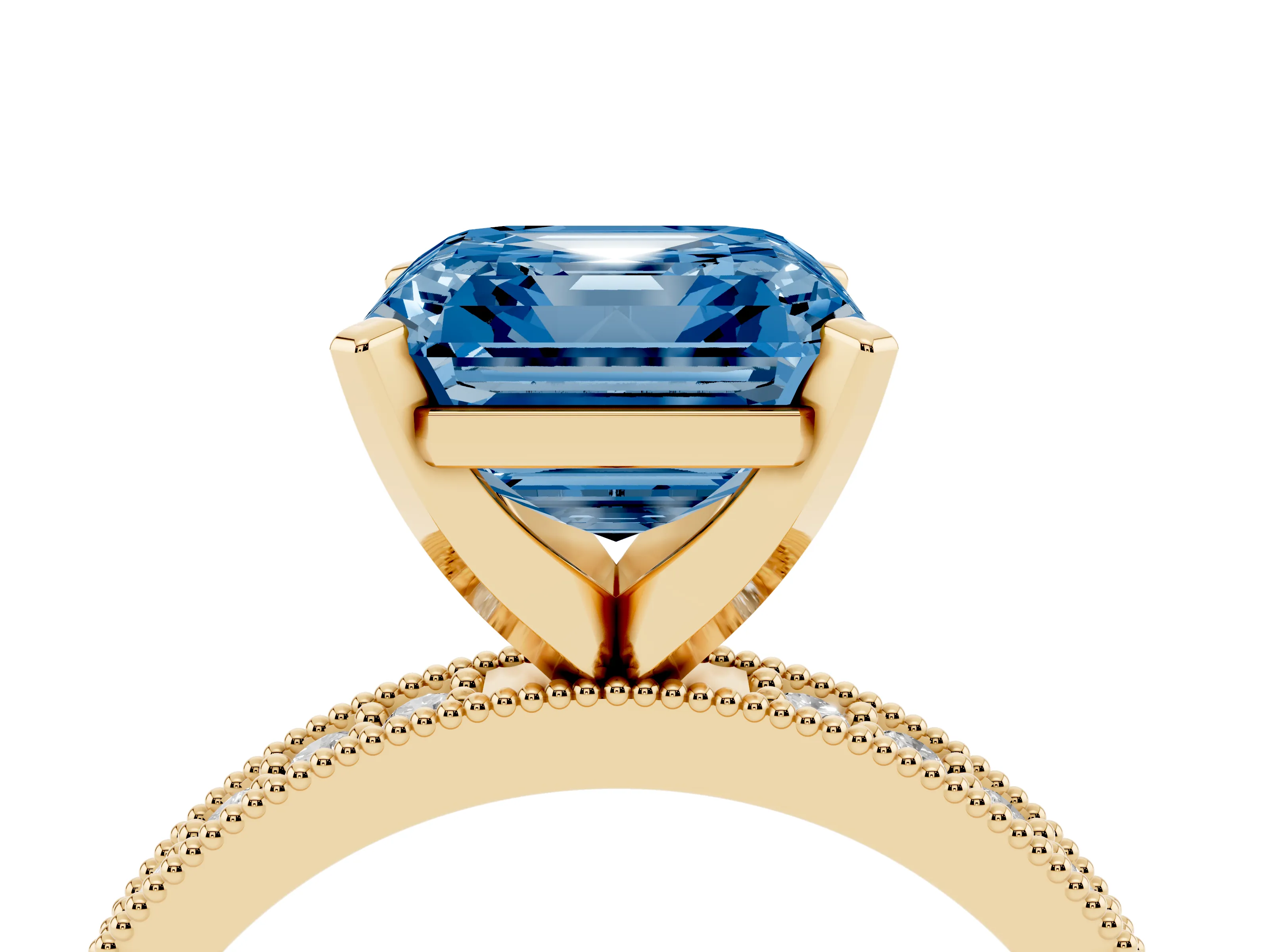 Fancy Blue Asscher Cut Diamond Milgrain Pavé Engagement Ring Set in Yellow gold with Prong Setting