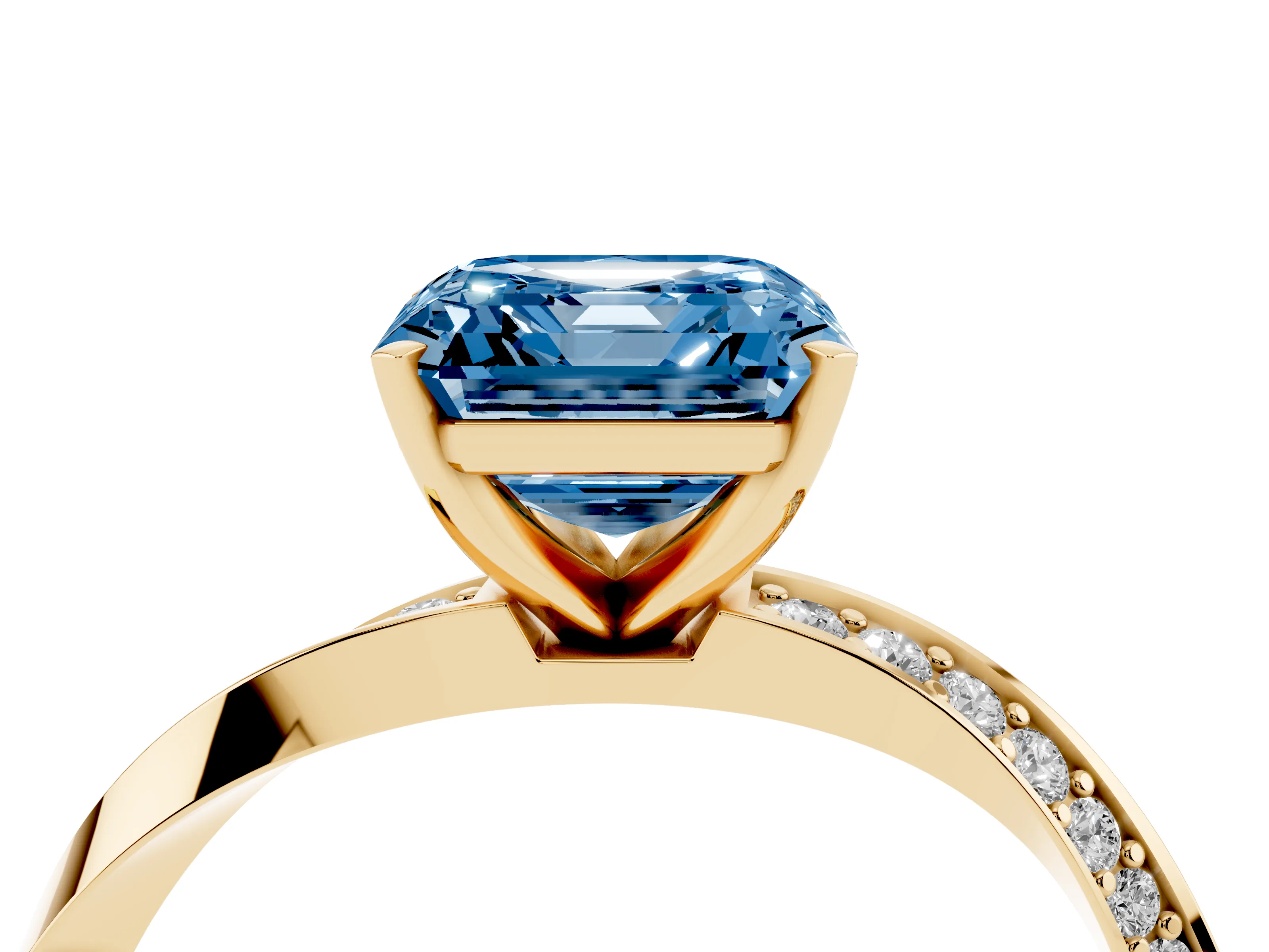 Fancy Blue Asscher Cut Diamond Engagement Ring Set in Yellow gold with Side Stone Accents and Prong Setting