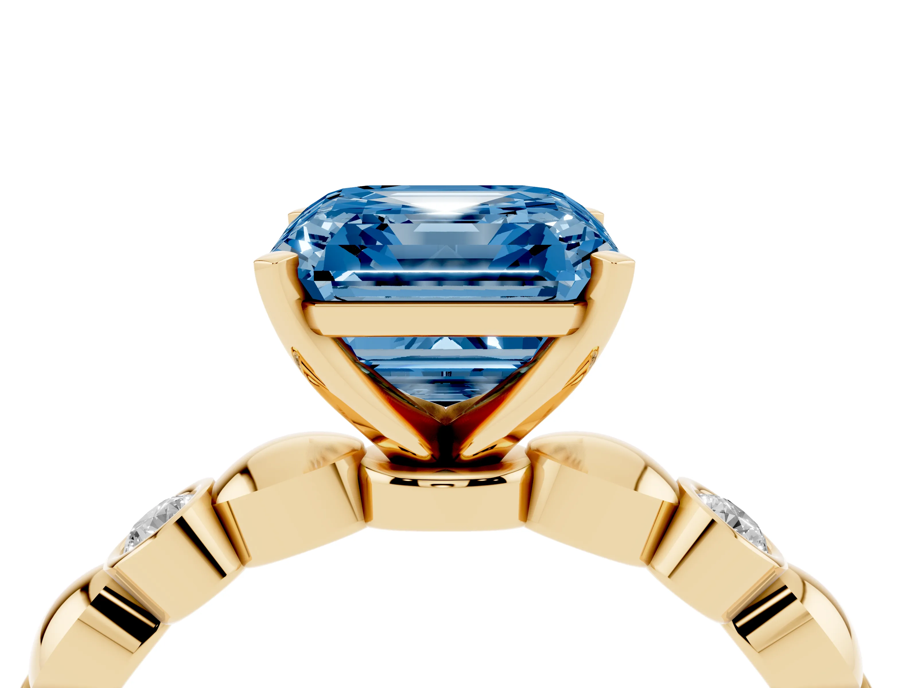 Fancy Blue Asscher Cut Diamond Solitaire Ring Set in Yellow gold with Bezel-Set Accents on Beaded Band and Prong Setting