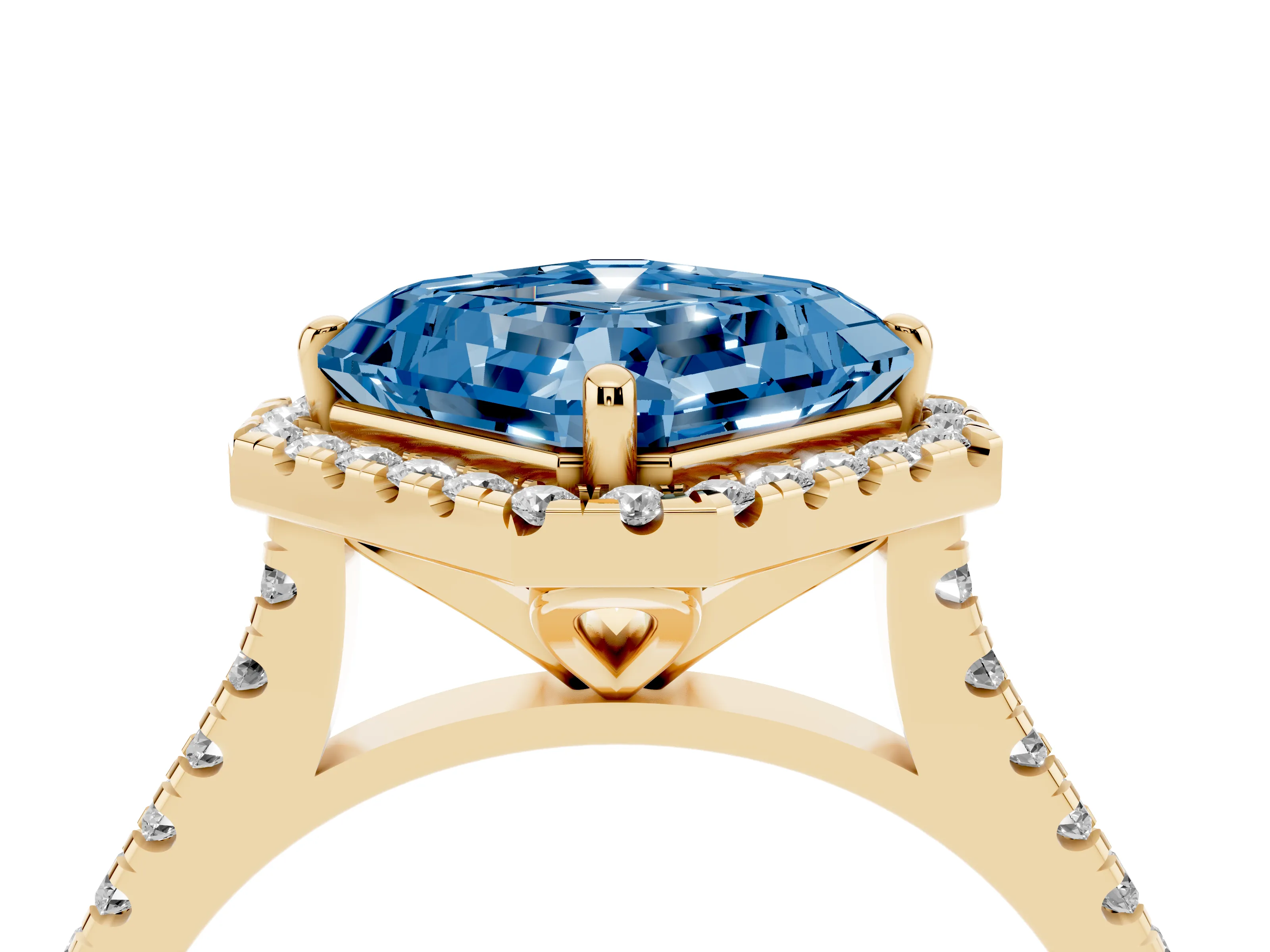Fancy Blue Asscher Cut Diamond Cushion Halo Ring Set in Yellow gold with Pavé Band