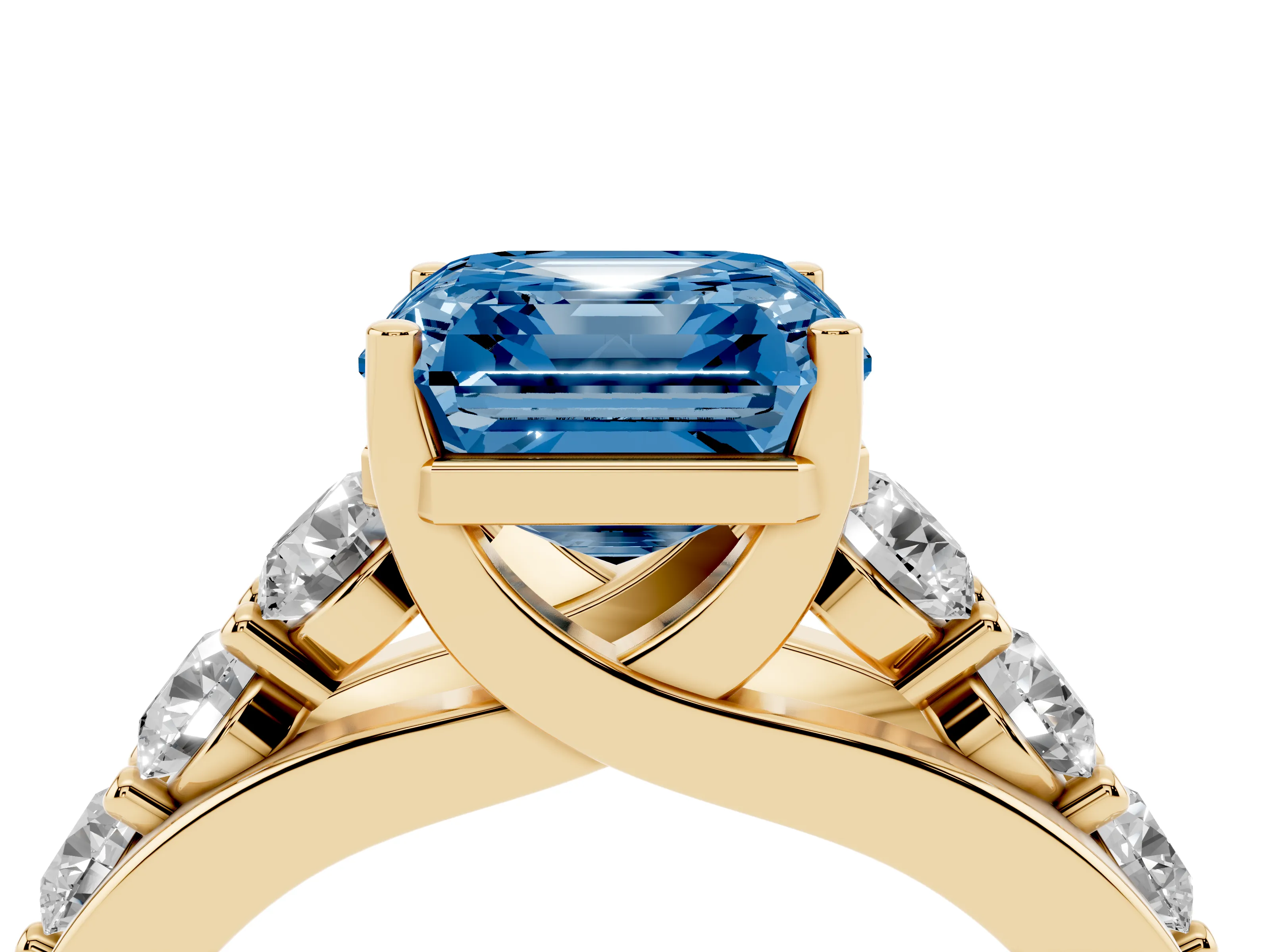 Fancy Blue Asscher Cut Diamond Pavé Engagement Ring Set in Yellow gold with Prong Setting