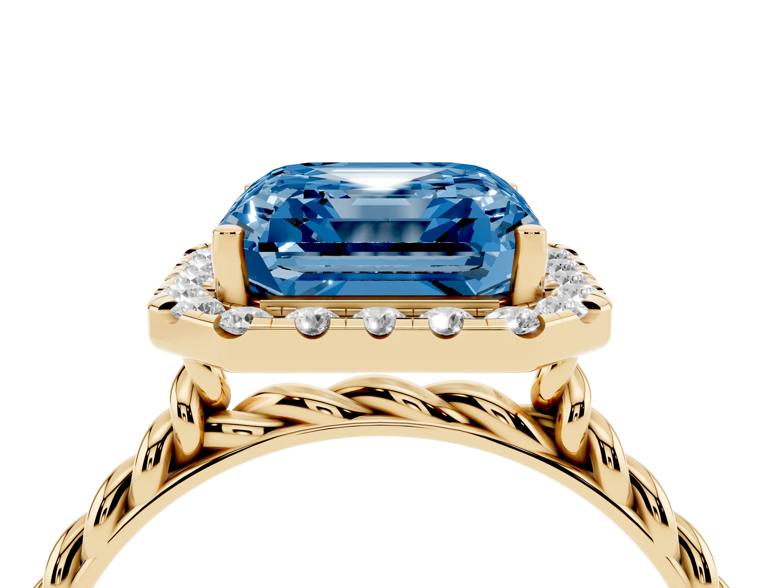 Fancy Blue Asscher Cut Diamond Halo Ring Set in Yellow gold with Plain Twisted Band