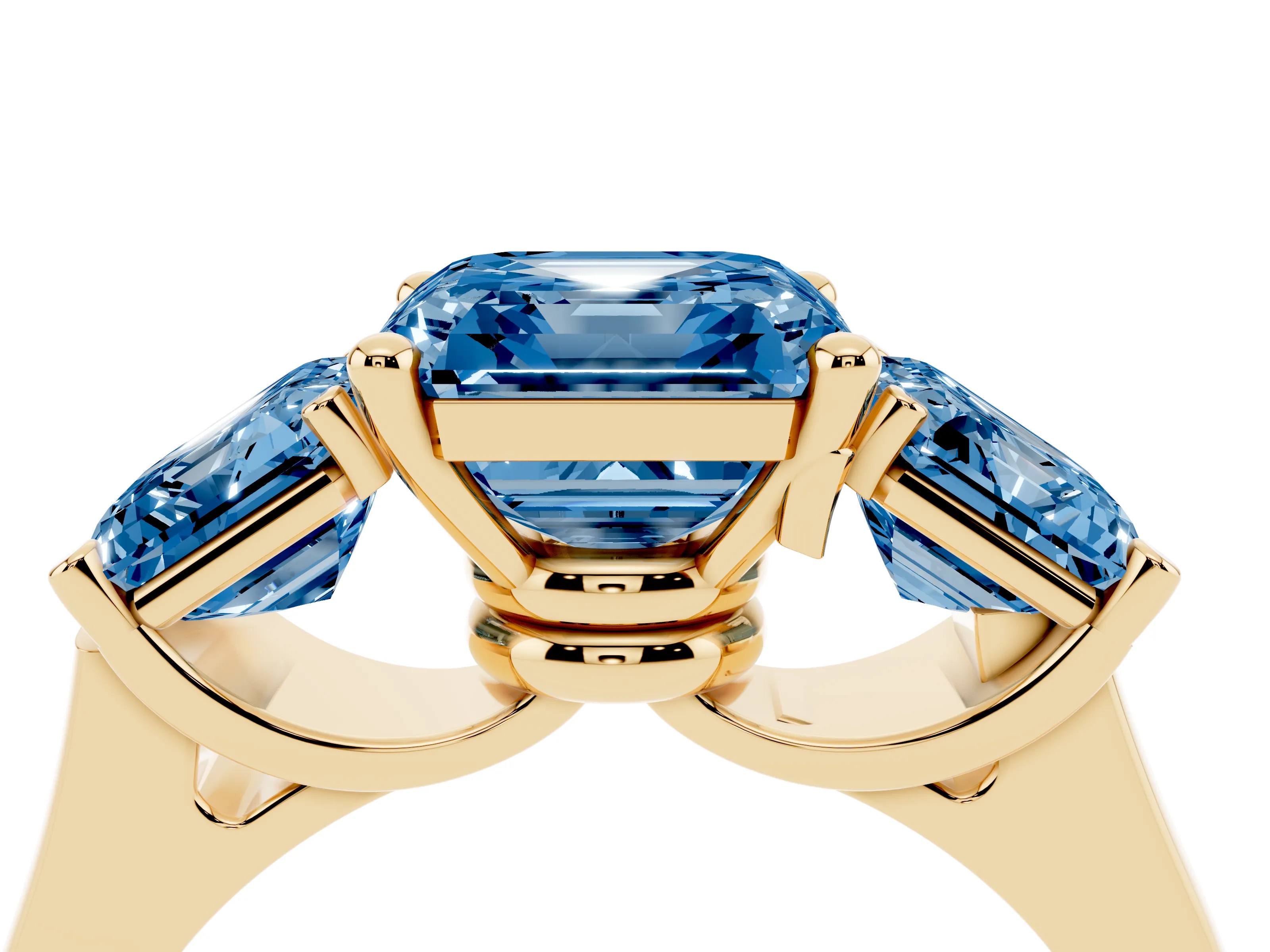 Fancy Blue Asscher Cut Diamond Three-Stone Trellis Ring Set in Yellow gold with Comfort Fit Band