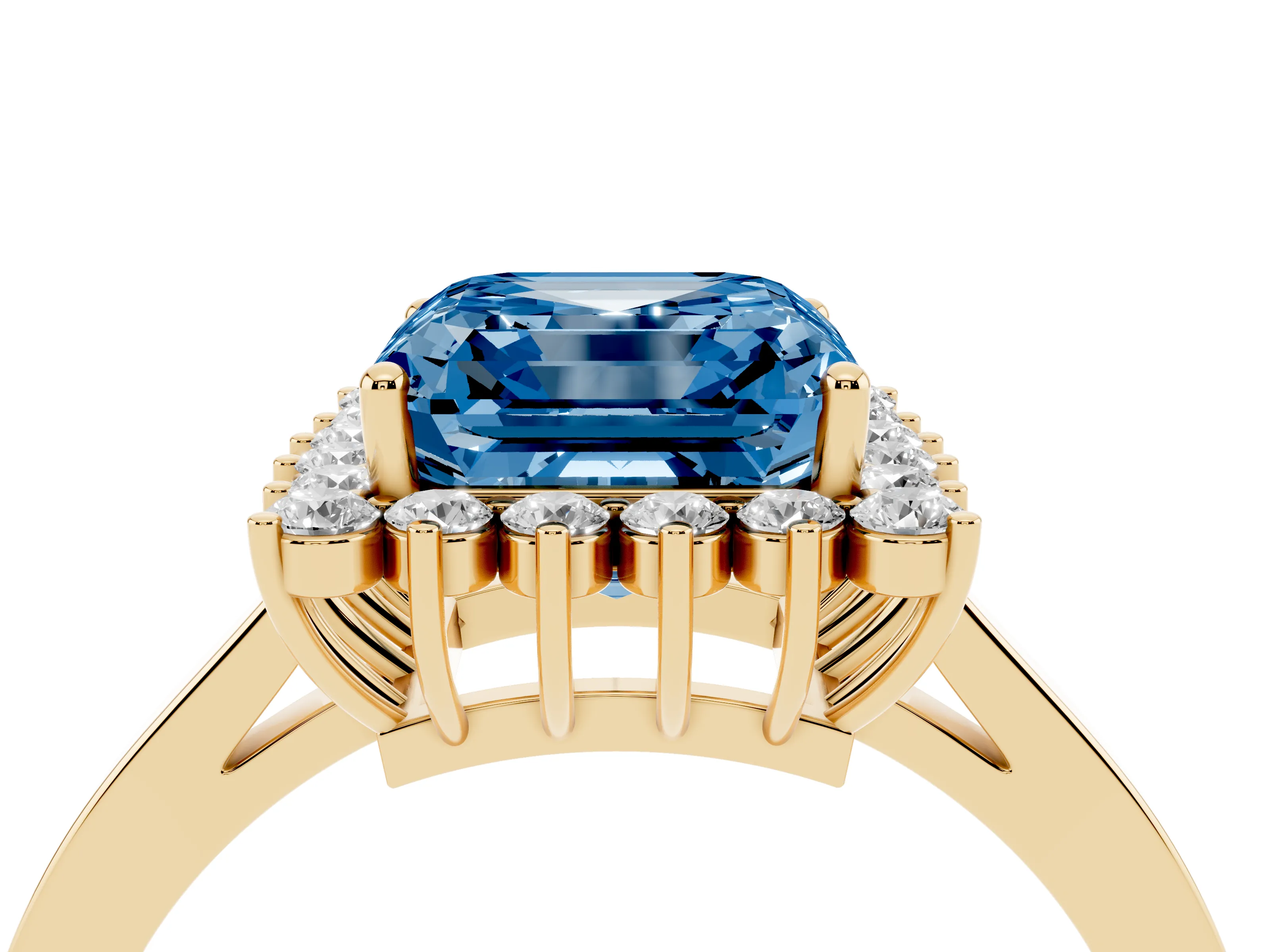 Fancy Blue Asscher Cut Diamond Halo Ring Set in Yellow gold with Round Halo and Smooth Solitaire Band