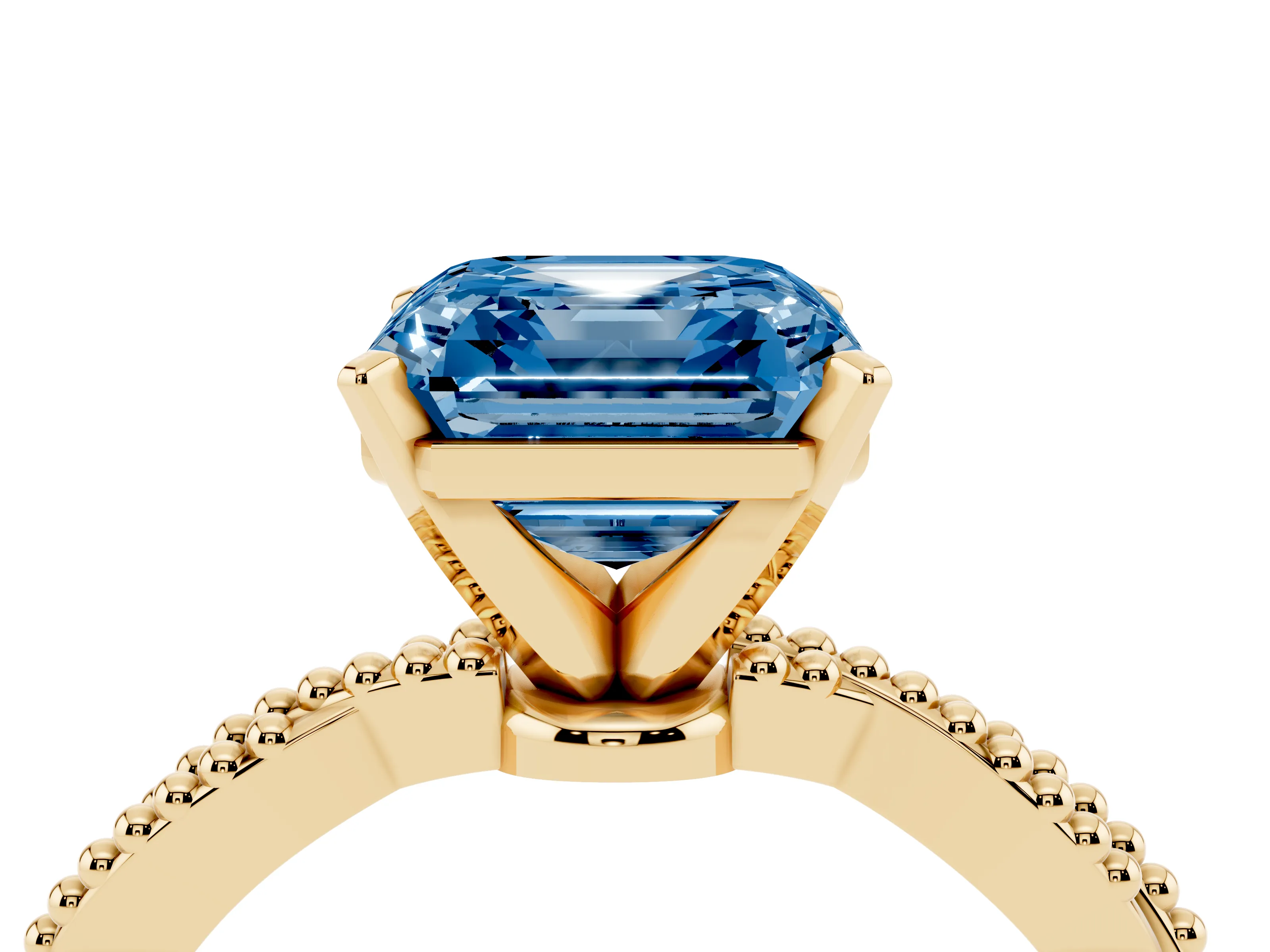 Fancy Blue Asscher Cut Diamond Solitaire Ring Set in Yellow gold with Twisted Band and Bead Prong Setting