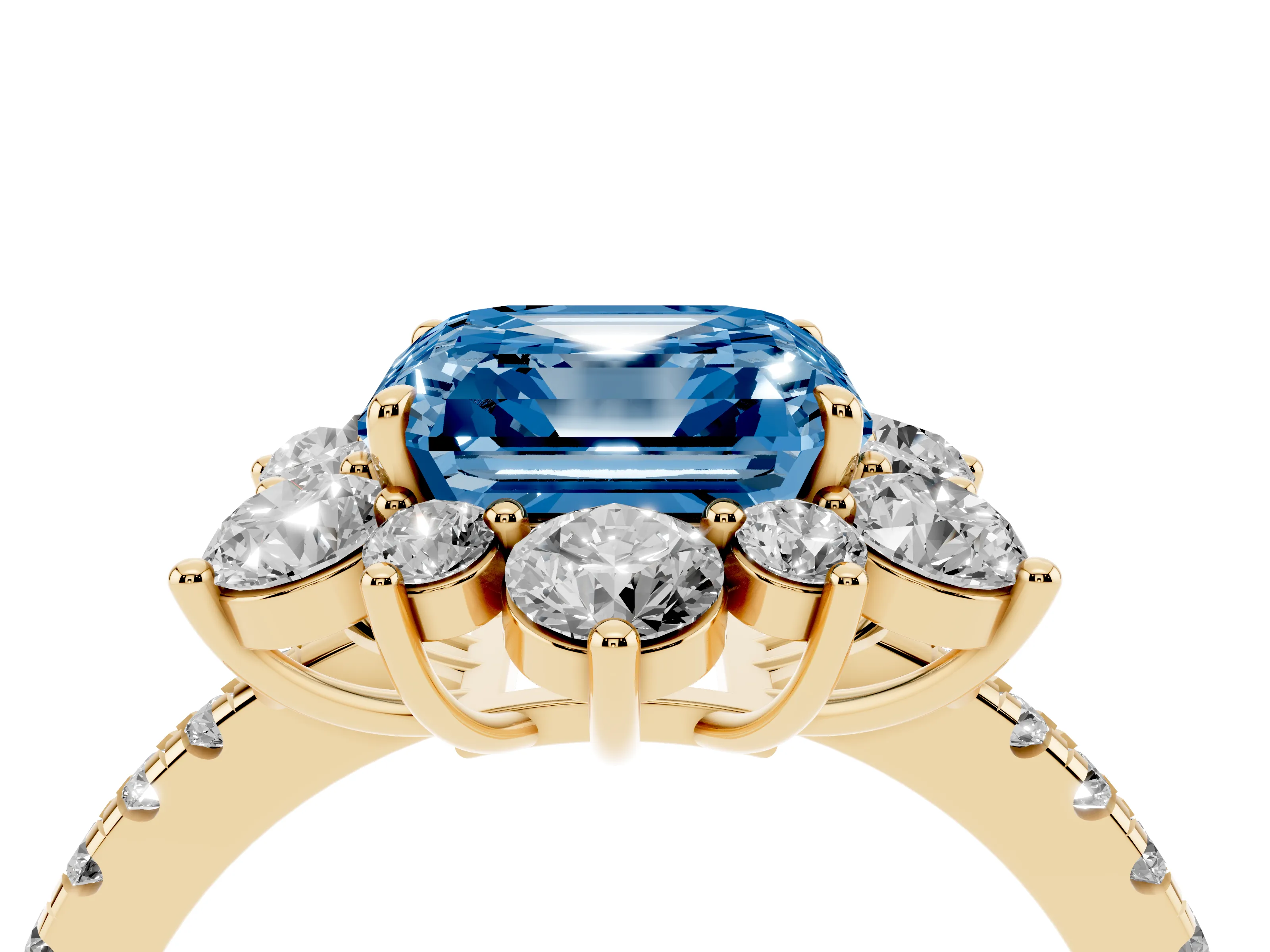 Fancy Blue Asscher Cut Diamond Floral Halo Ring Set in Yellow gold with Round Pavé Band and Prong Setting