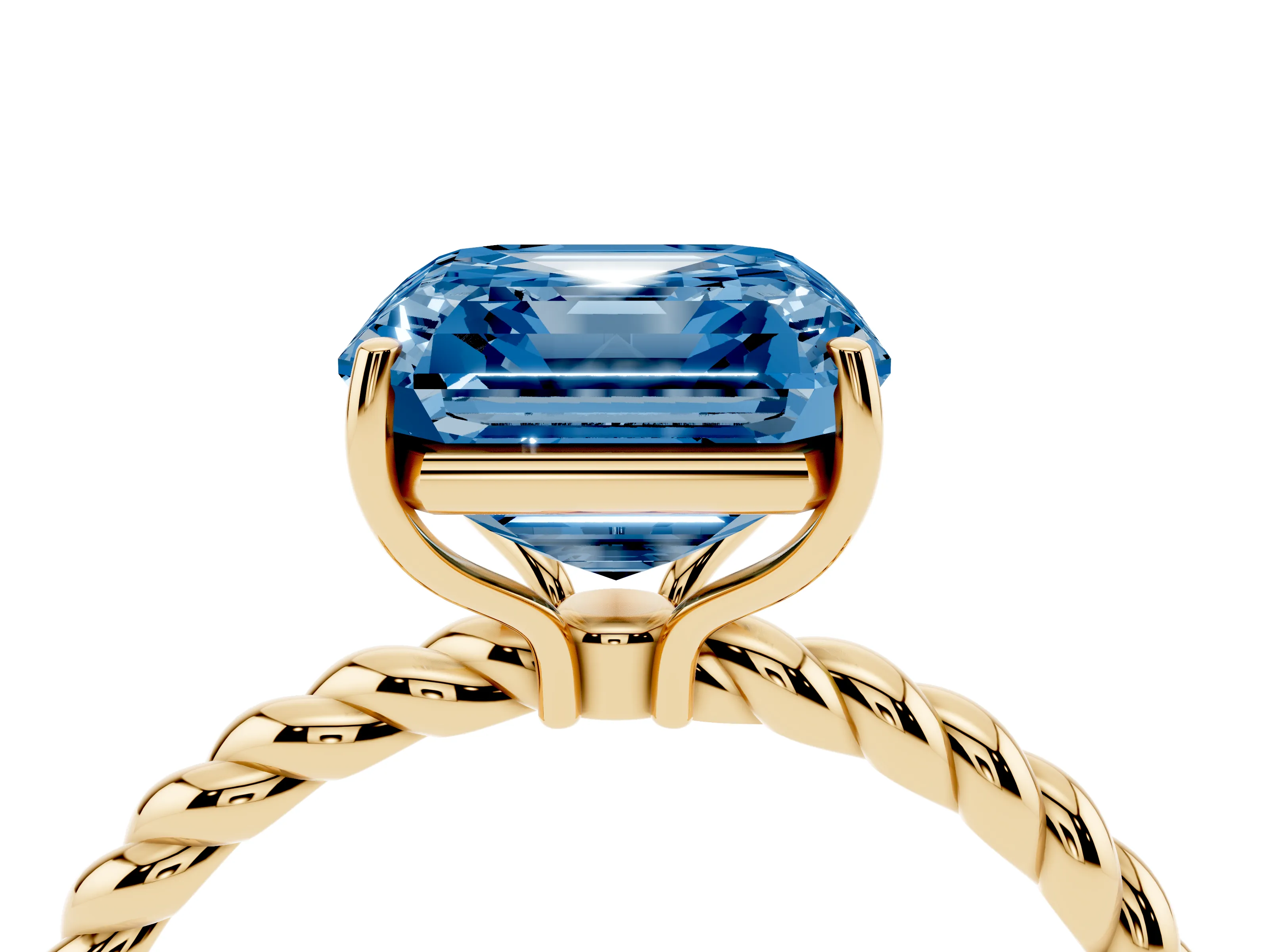 Fancy Blue Asscher Cut Diamond Solitaire Ring Set in Yellow gold with Twist Band and Prong Setting