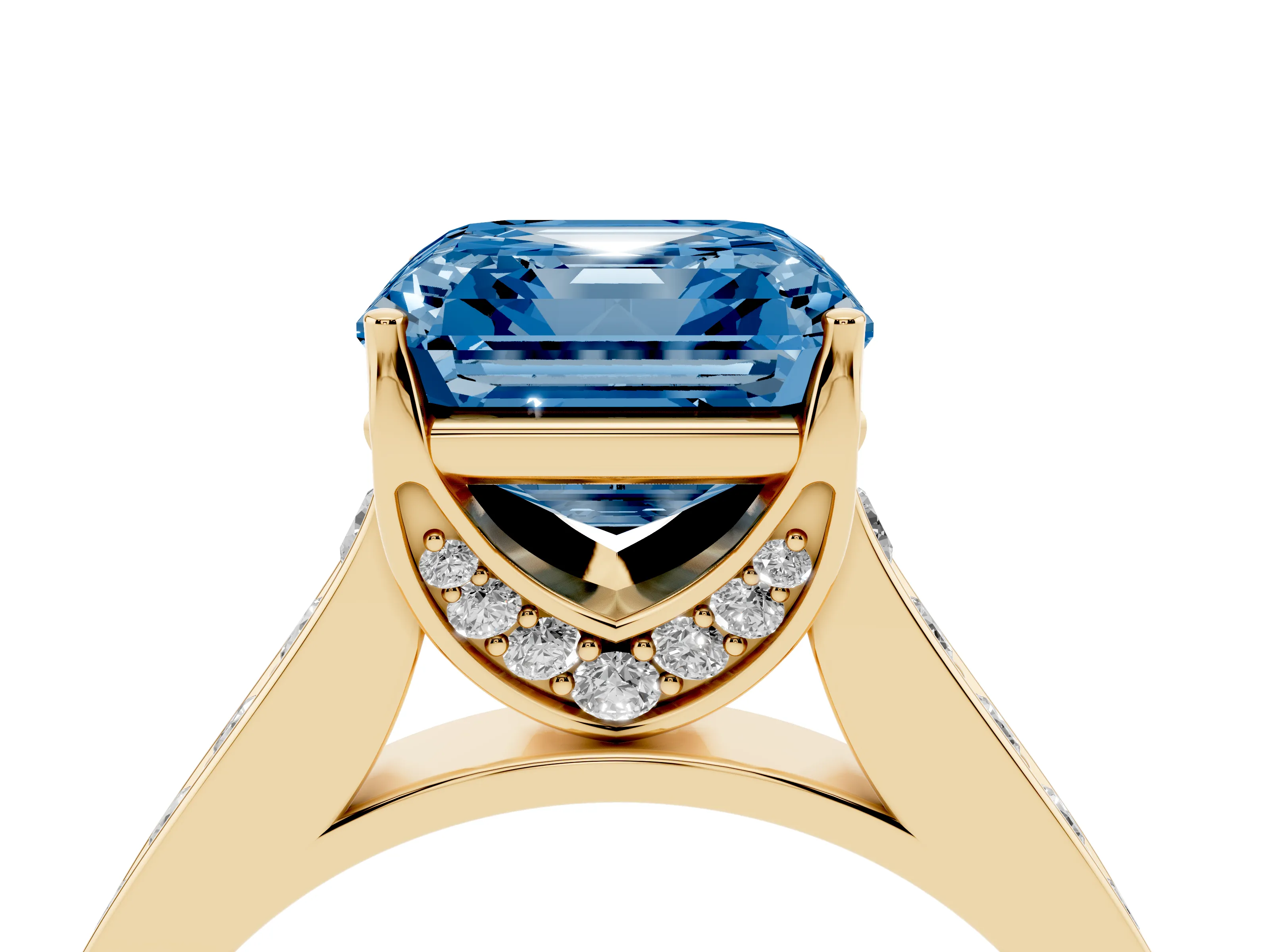 Fancy Blue Asscher Cut Diamond Solitaire Pavé Engagement Ring Set in Yellow gold with Prong Setting