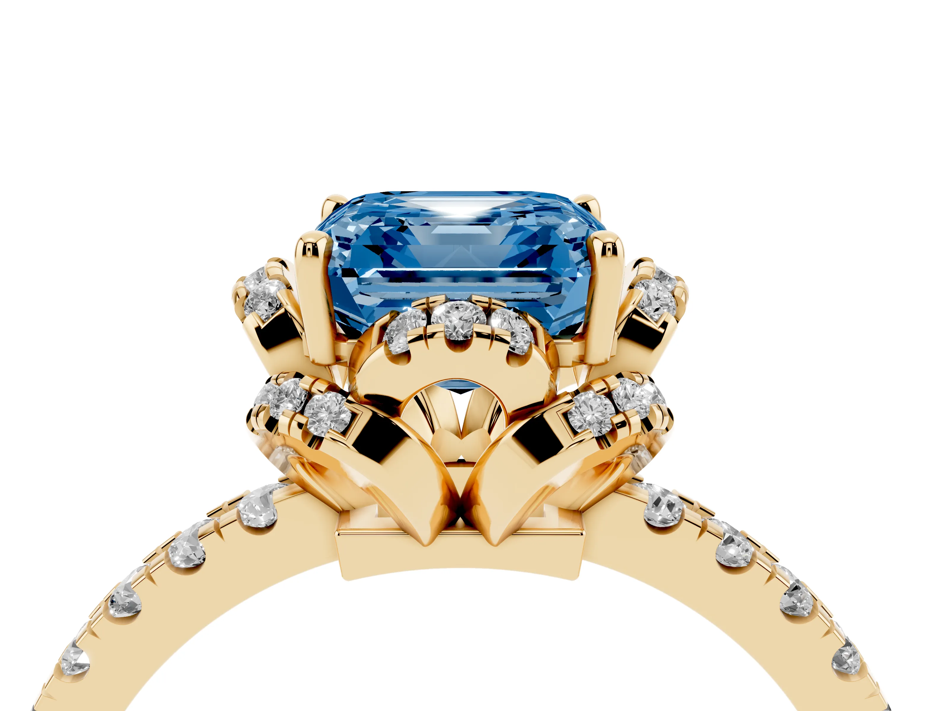 Fancy Blue Asscher Cut Diamond Halo Pavé Ring Set in Yellow gold with Prong-Held Center Stone