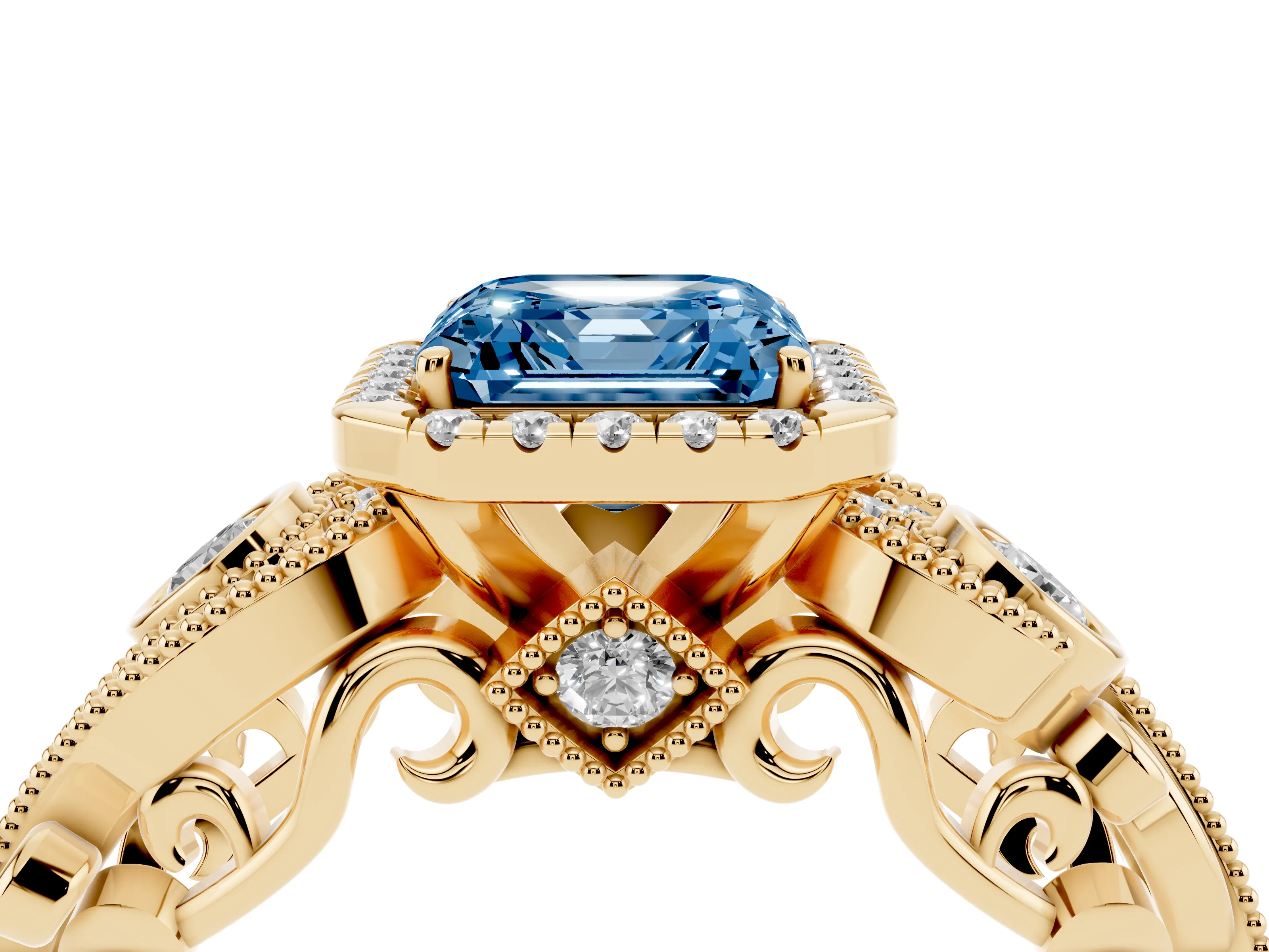 Fancy Blue Asscher Cut Diamond Halo Ring Set in Yellow gold with Milgrain Pavé Band and Prong Setting