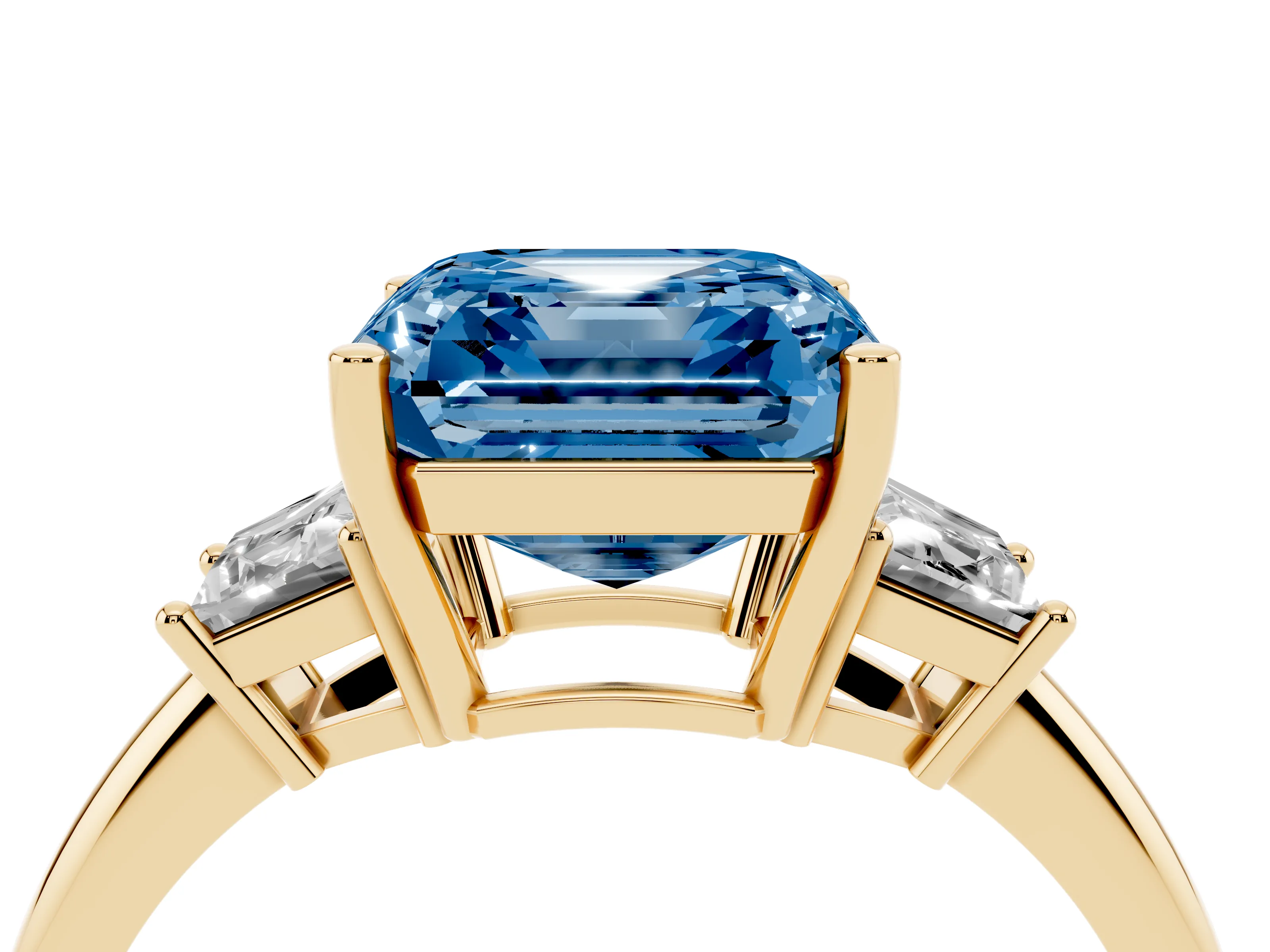 Fancy Blue Asscher Cut Diamond Three-Stone Ring Set in Yellow gold with Trapezoid Side Stones and Prong Setting