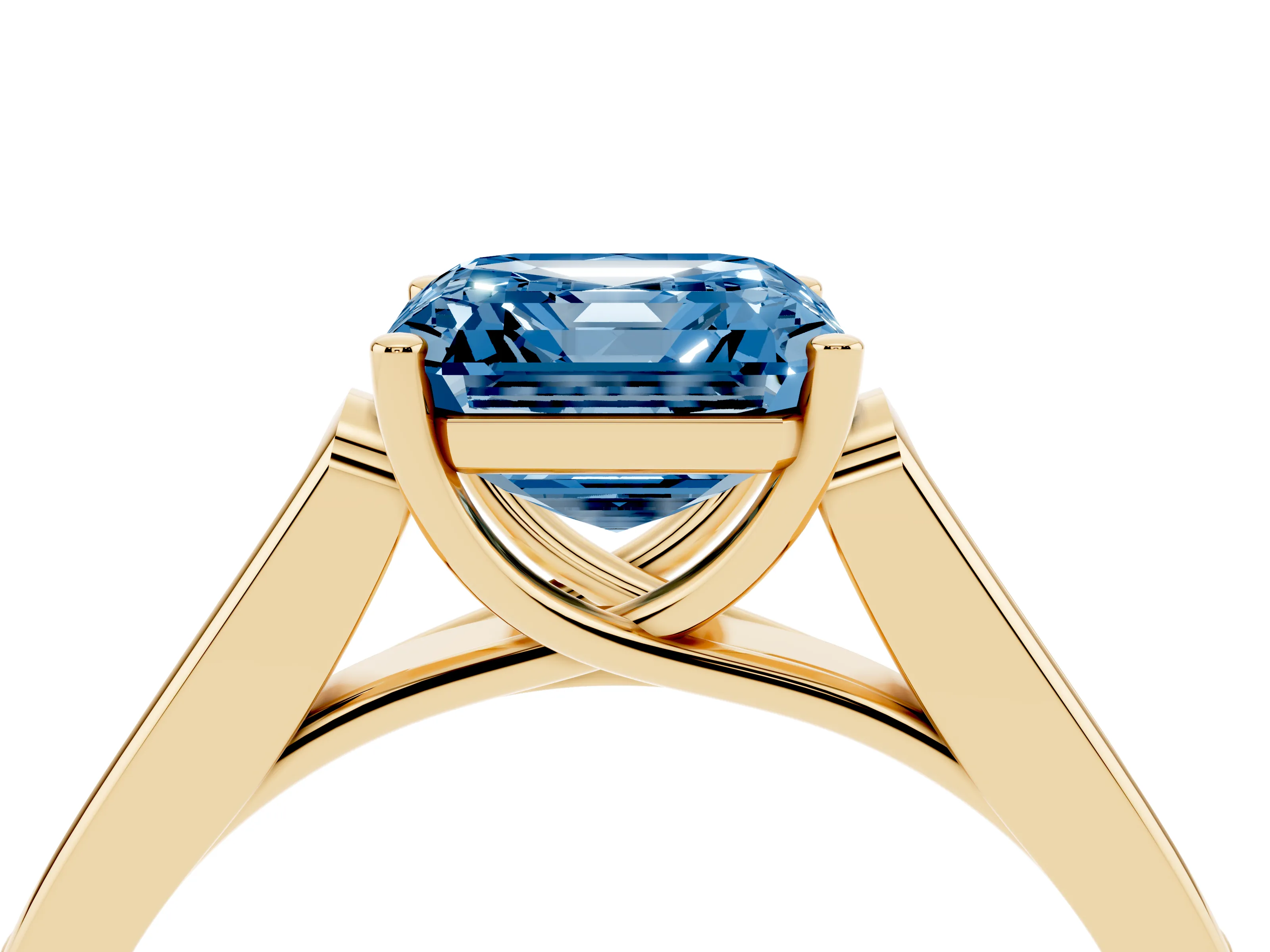 Fancy Blue Asscher Cut Diamond Solitaire Cathedral Engagement Ring Set in Yellow gold with Channel-Set Band and Prong Setting