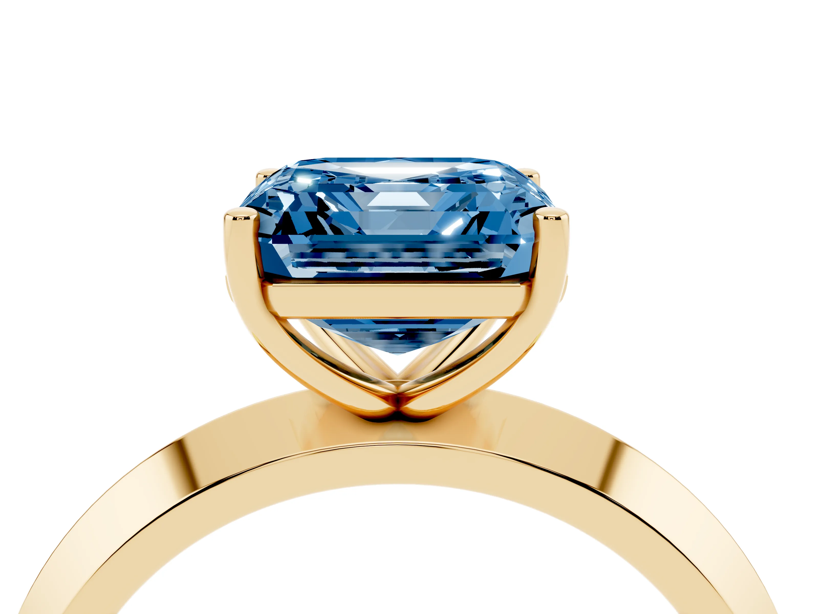 Fancy Blue Asscher Cut Diamond Solitaire Engagement Ring Set in Yellow gold with Flat Band and Prong Setting