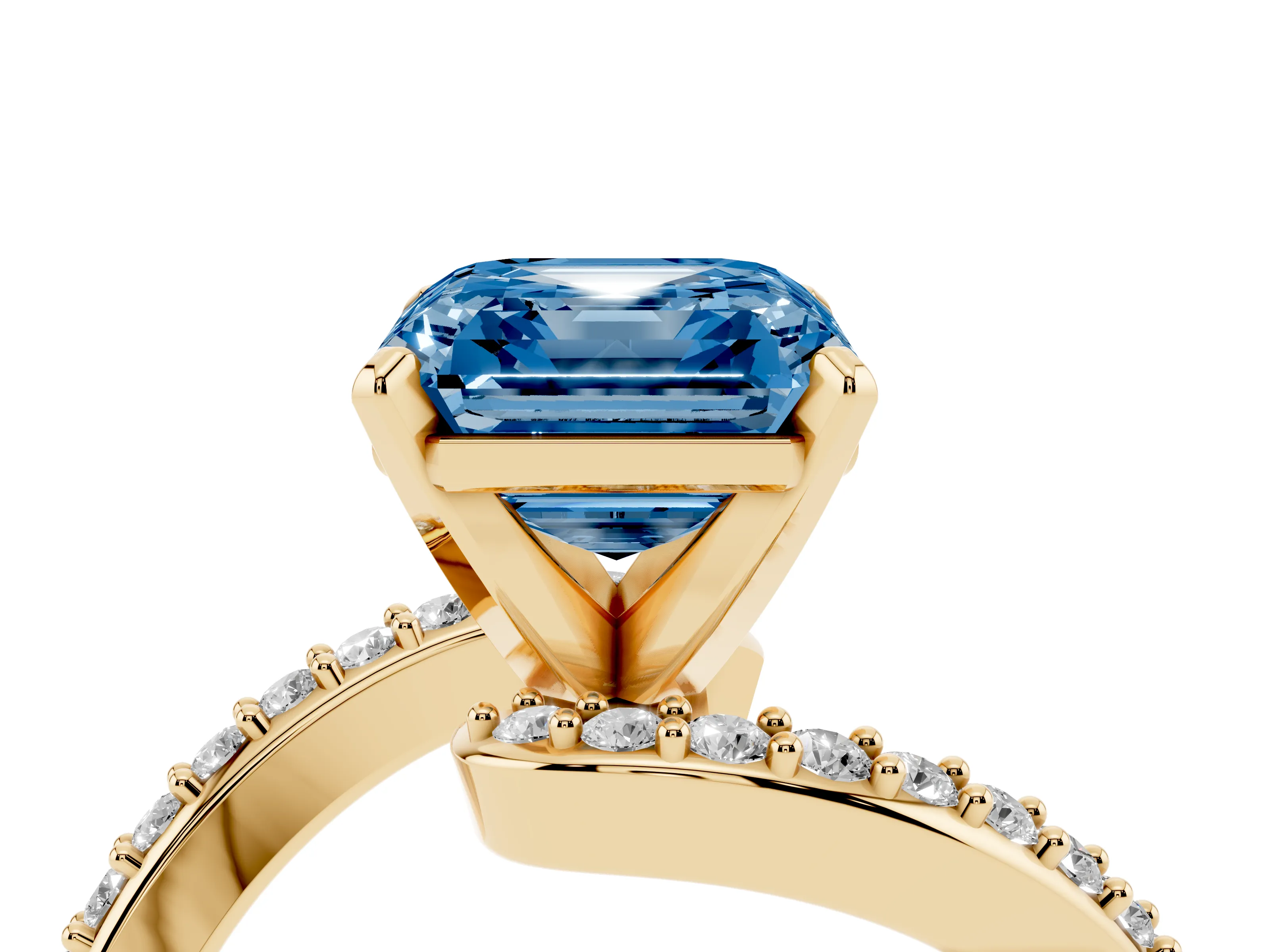 Fancy Blue Asscher Cut Diamond Solitaire Ring Set in Yellow gold with Pavé Twist Band and Prong Setting