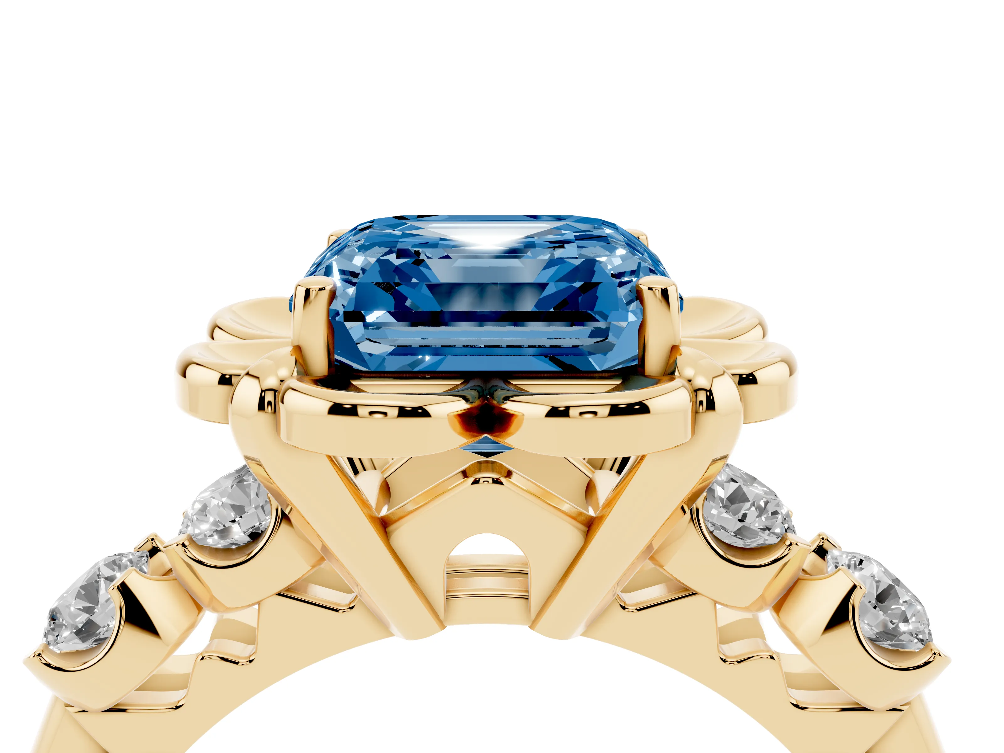 Fancy Blue Asscher Cut Diamond Floral Halo Ring Set in Yellow gold with Shared Prong Band