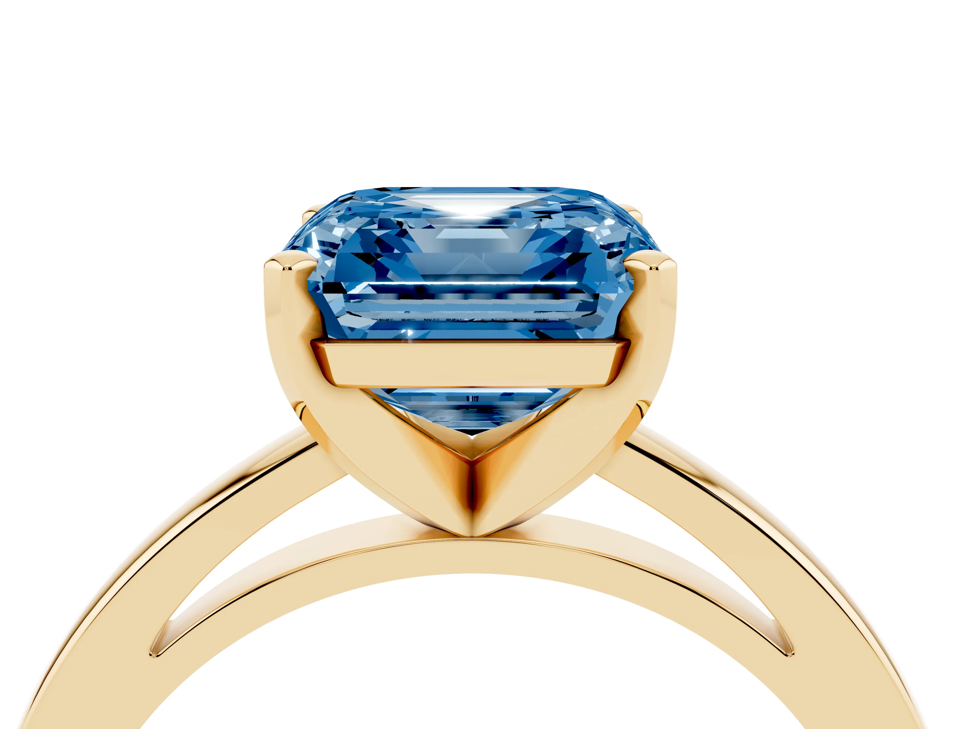 Fancy Blue Asscher Cut Diamond Solitaire Engagement Ring Set in Yellow gold with Prong Setting on a Classic Band