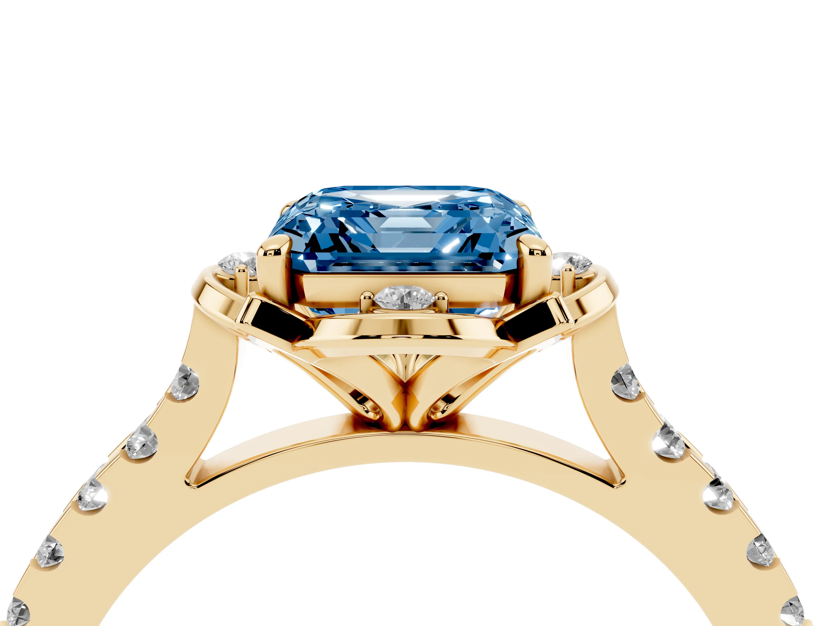 Fancy Blue Asscher Cut Diamond Solitaire Ring Set in Yellow gold with Pavé Band and Floral Prong Setting