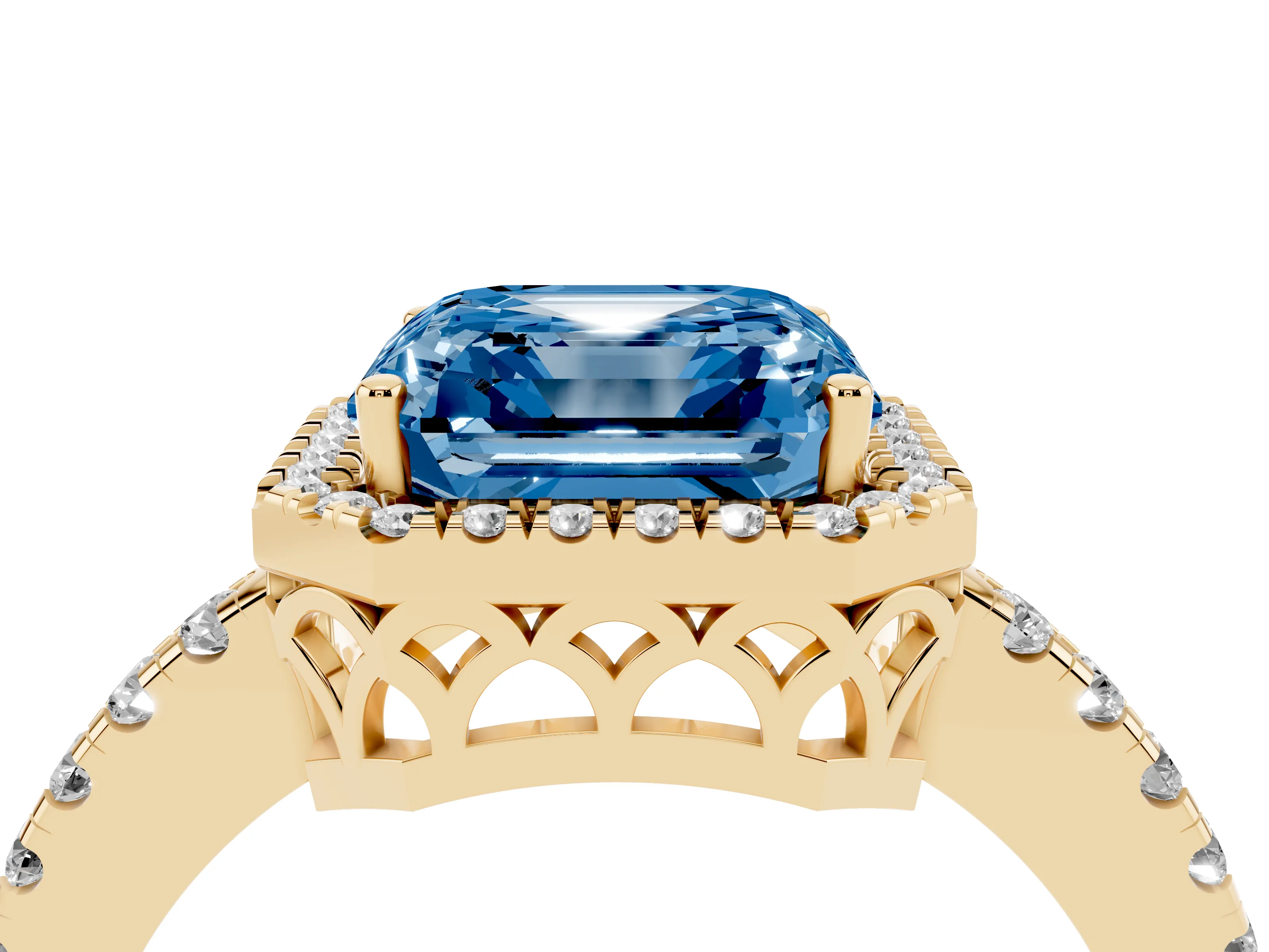 Fancy Blue Asscher Cut Diamond Pavé Band Halo Engagement Ring Set in Yellow gold with Prong Setting