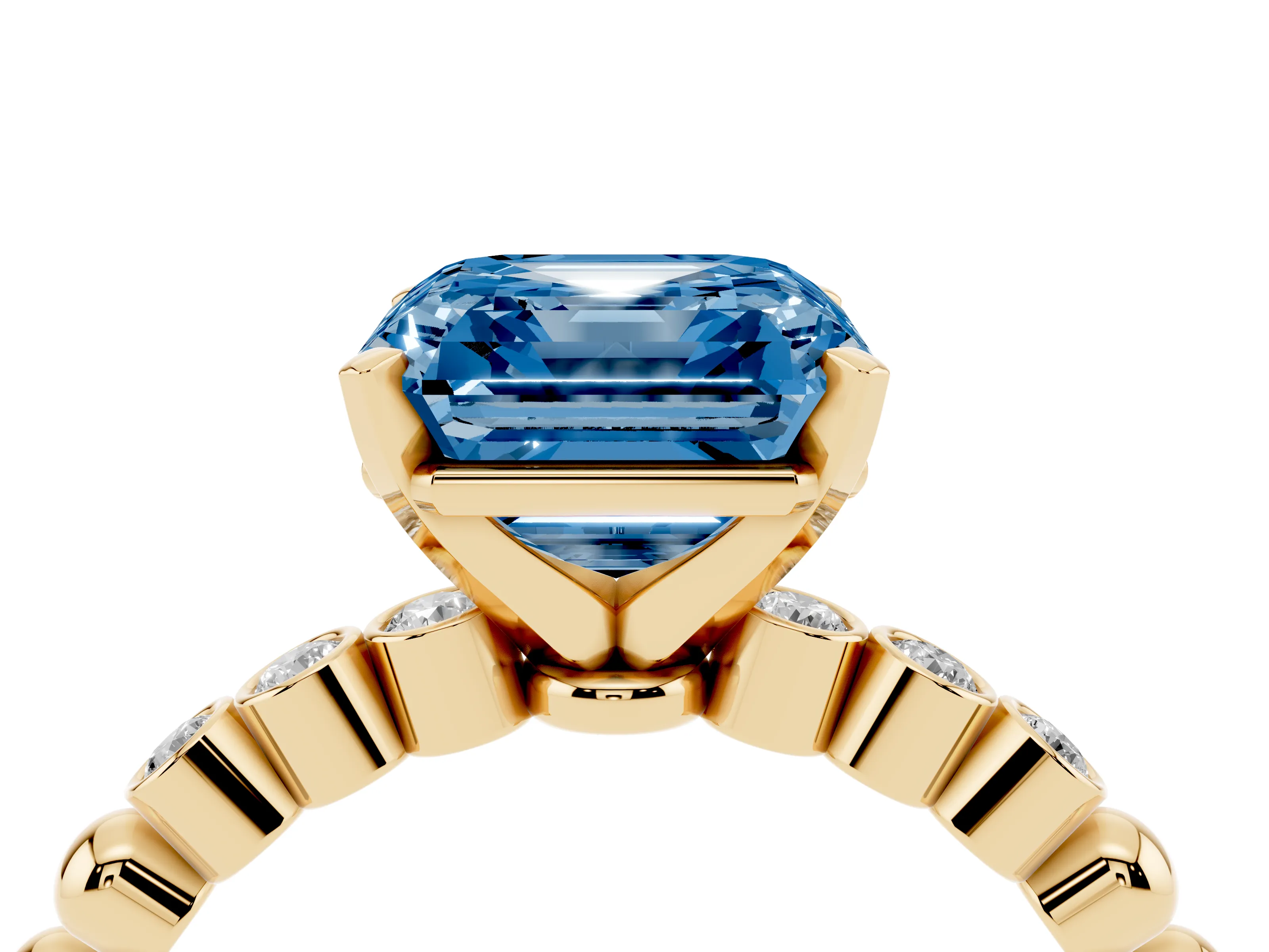 Fancy Blue Asscher Cut Diamond Solitaire Engagement Ring Set in Yellow gold with Bezel Accents on Beaded Band
