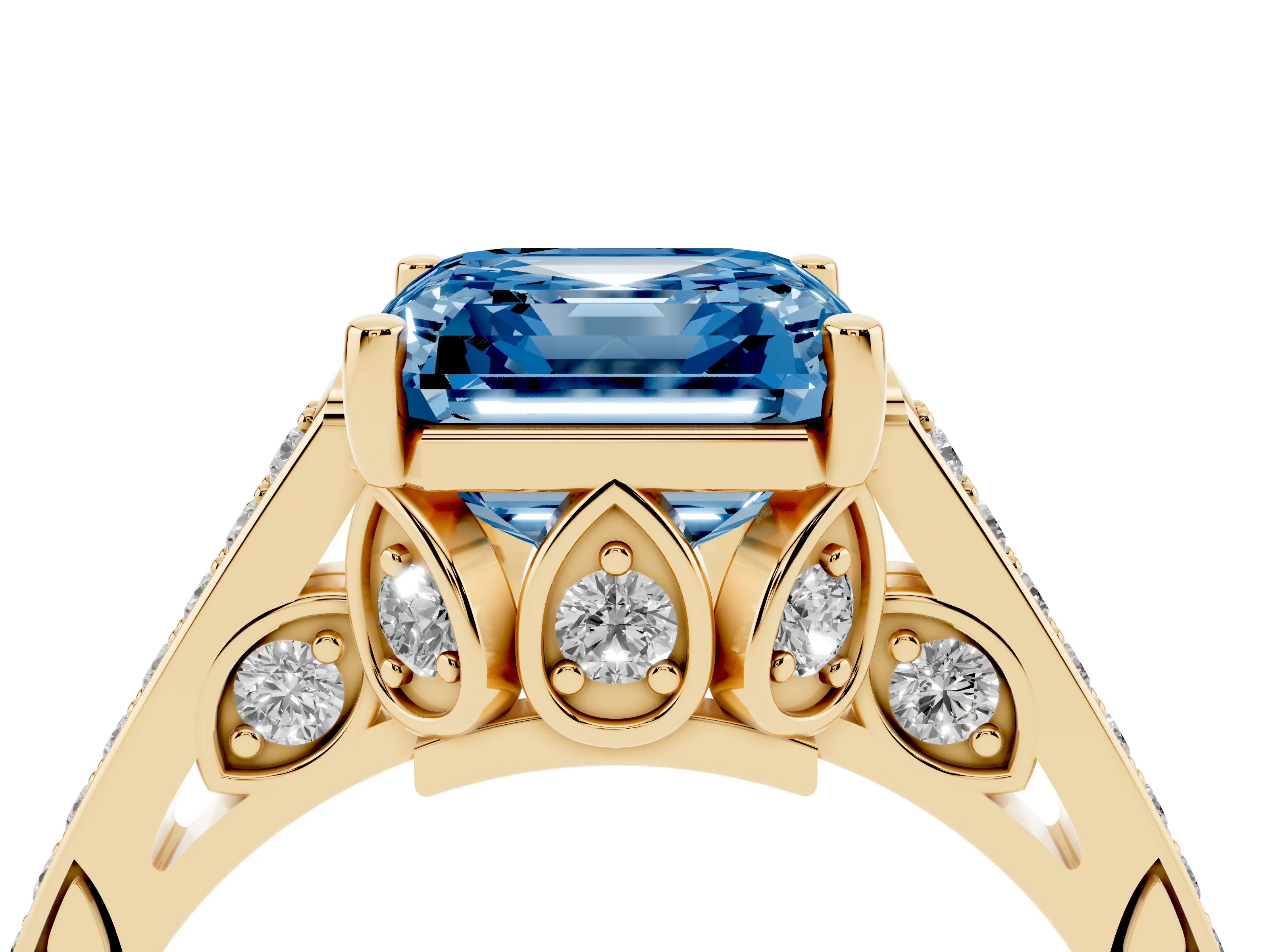 Fancy Blue Asscher Cut Diamond Cathedral Pavé Engagement Ring Set in Yellow gold with Prong Setting