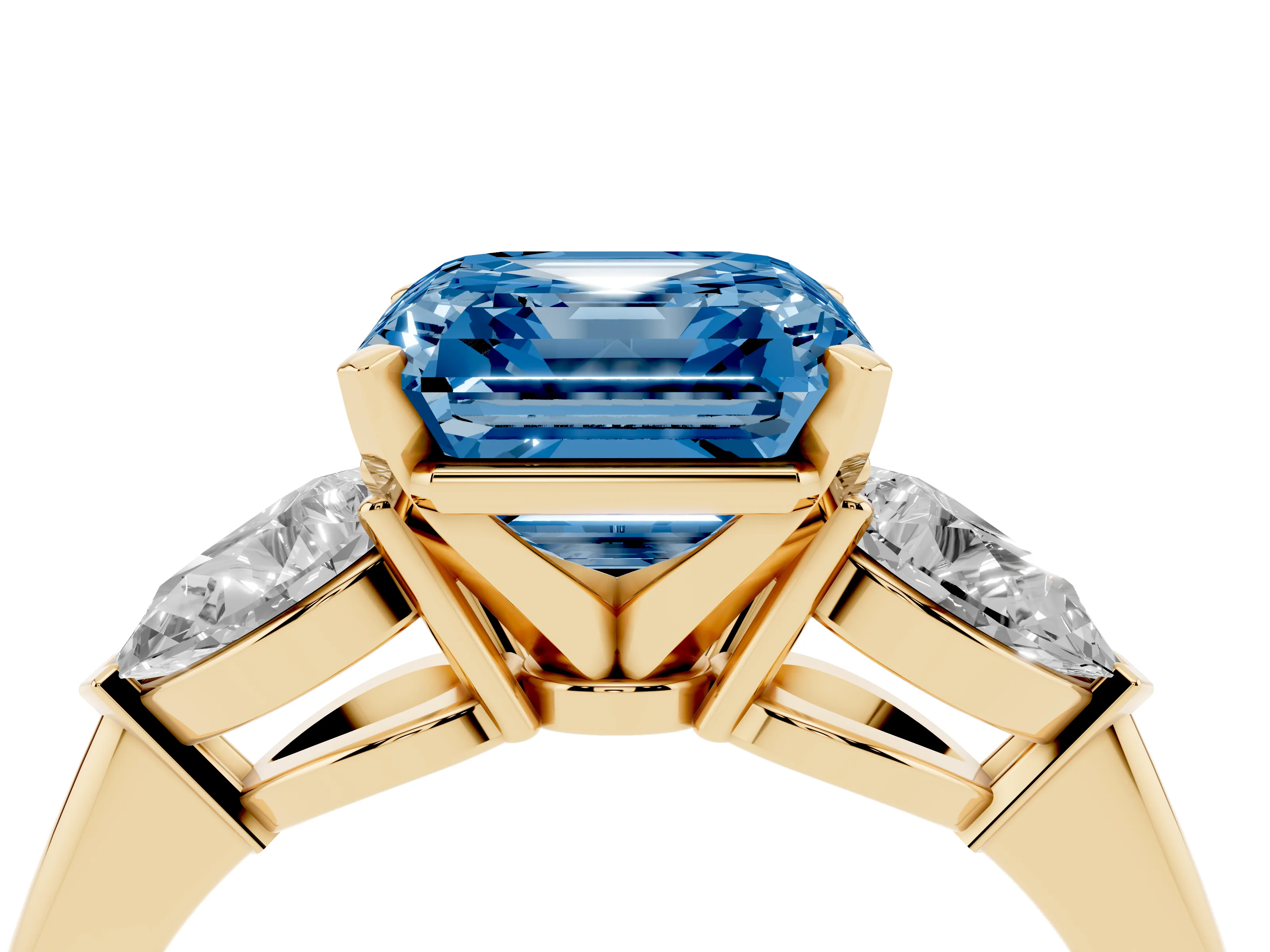 Fancy Blue Three-Stone Asscher Cut Diamond Ring Set in Yellow gold with Pear Side Stones and Prong Setting