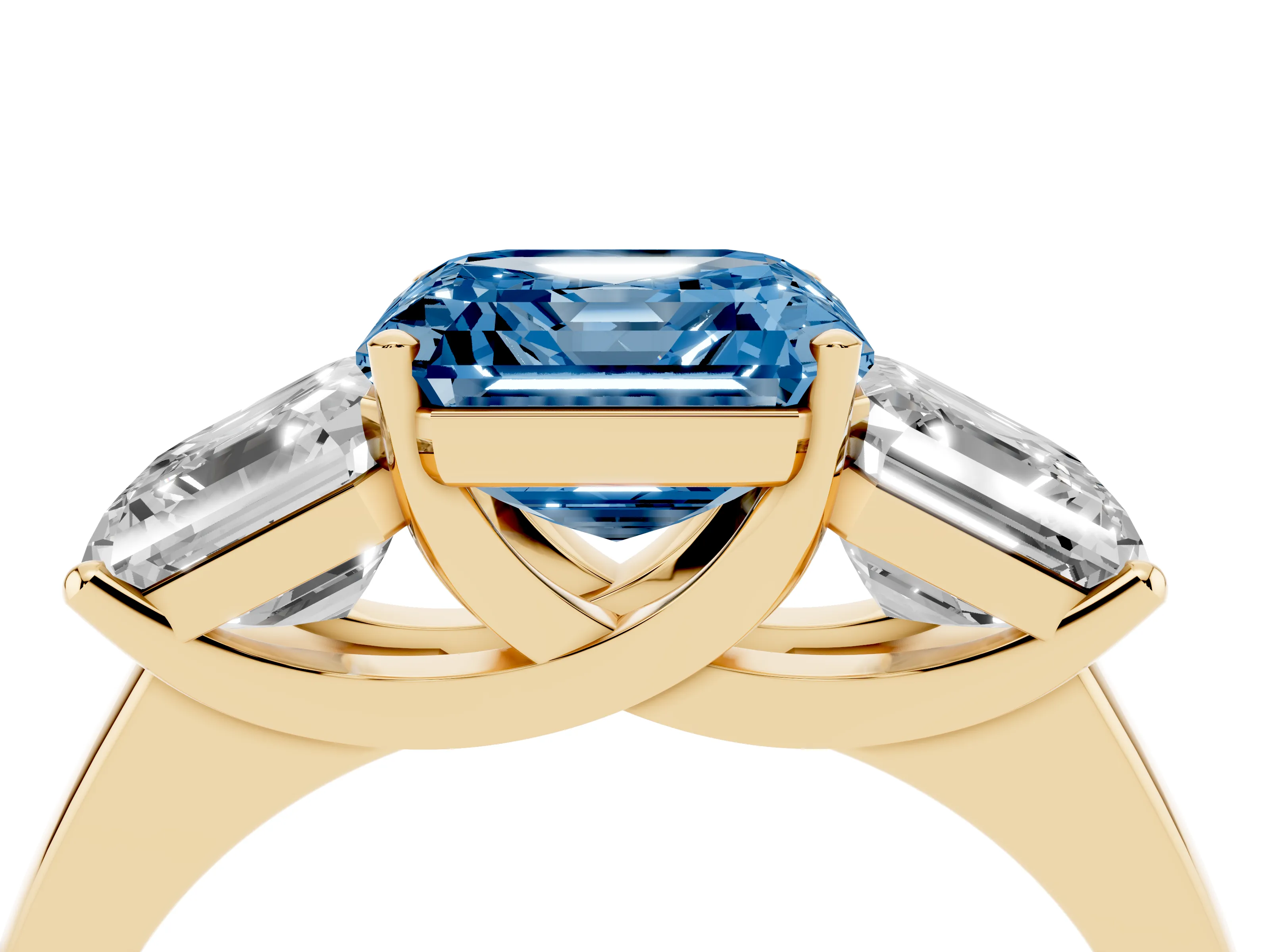 Fancy Blue Asscher Cut Diamond Three-Stone Ring Set in Yellow gold with Classic Prong Setting and Plain Band