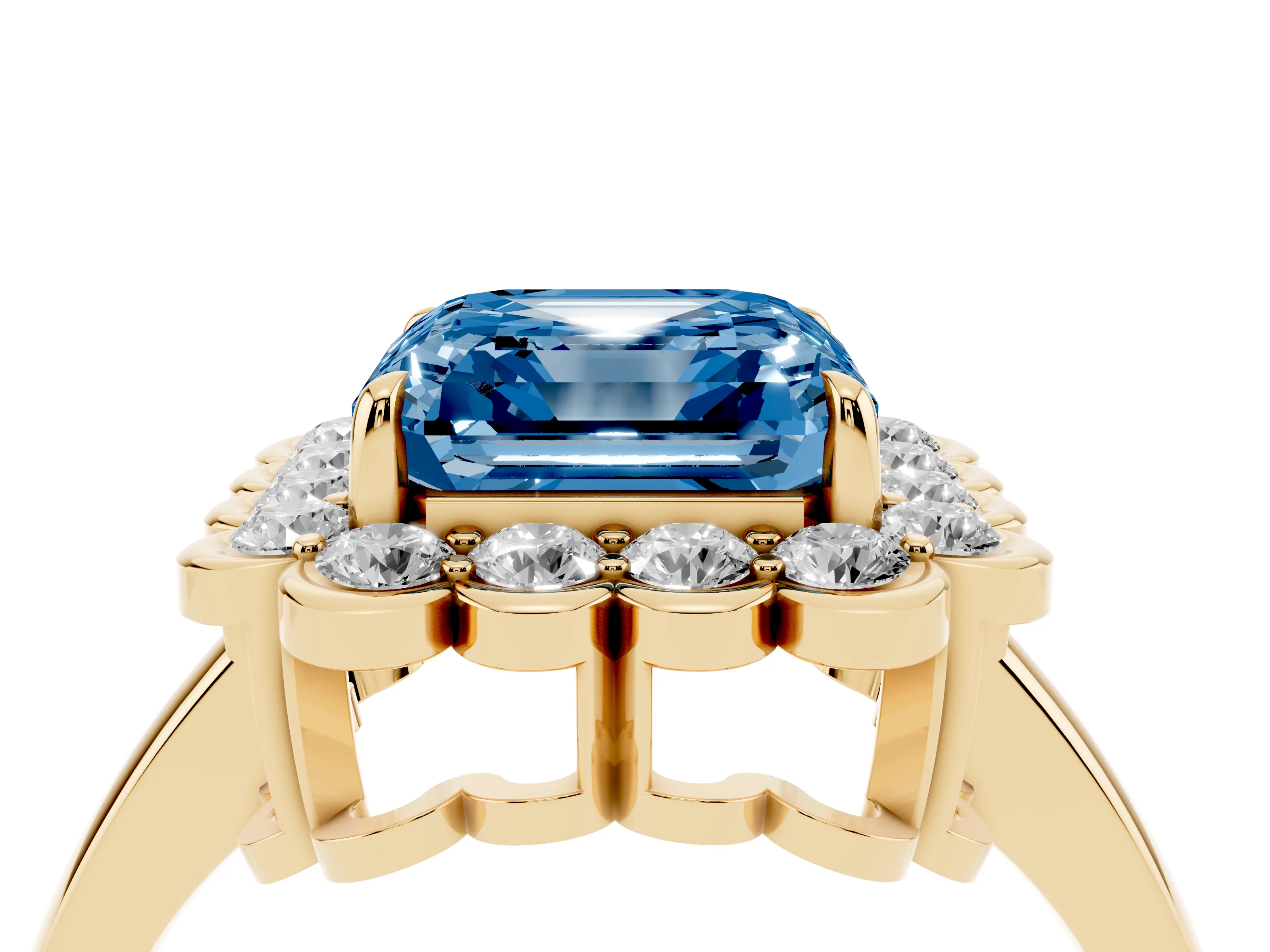 Fancy Blue Asscher Cut Diamond Halo Cluster Engagement Ring Set in Yellow gold with Solitaire Band and Prong Setting
