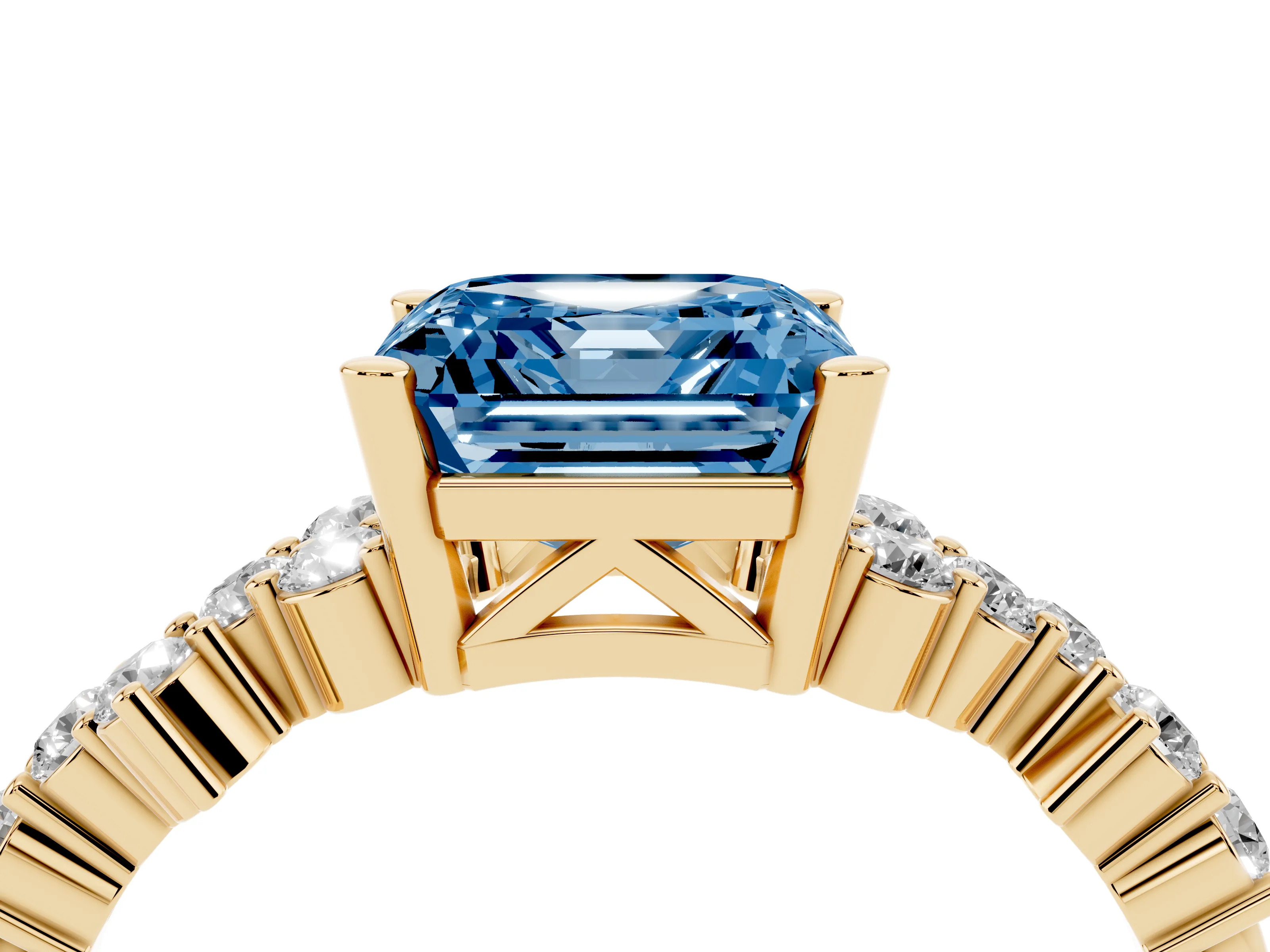 Fancy Blue Asscher Cut Diamond Ring Set in Yellow gold with Scattered Round Accents