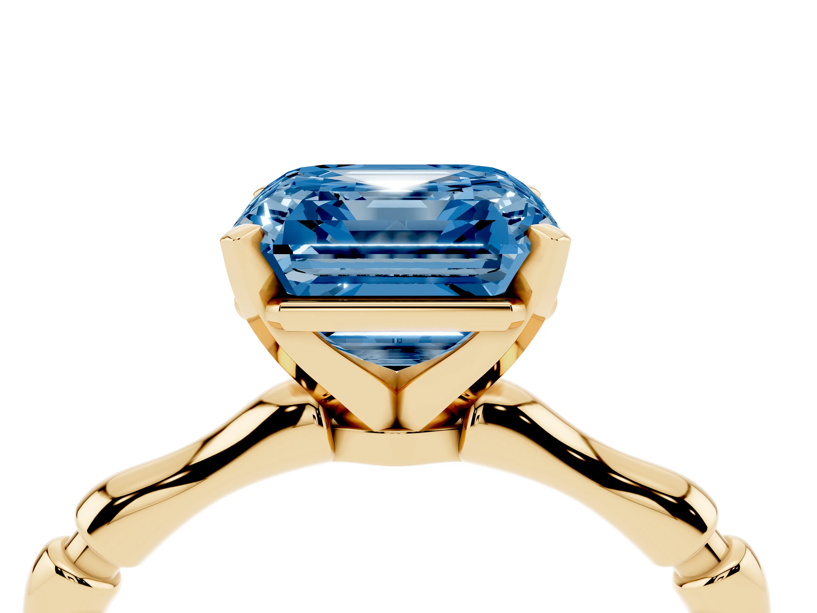 Fancy Blue Asscher Cut Diamond Solitaire Ring Set in Yellow gold with Bamboo Band and Prong Setting