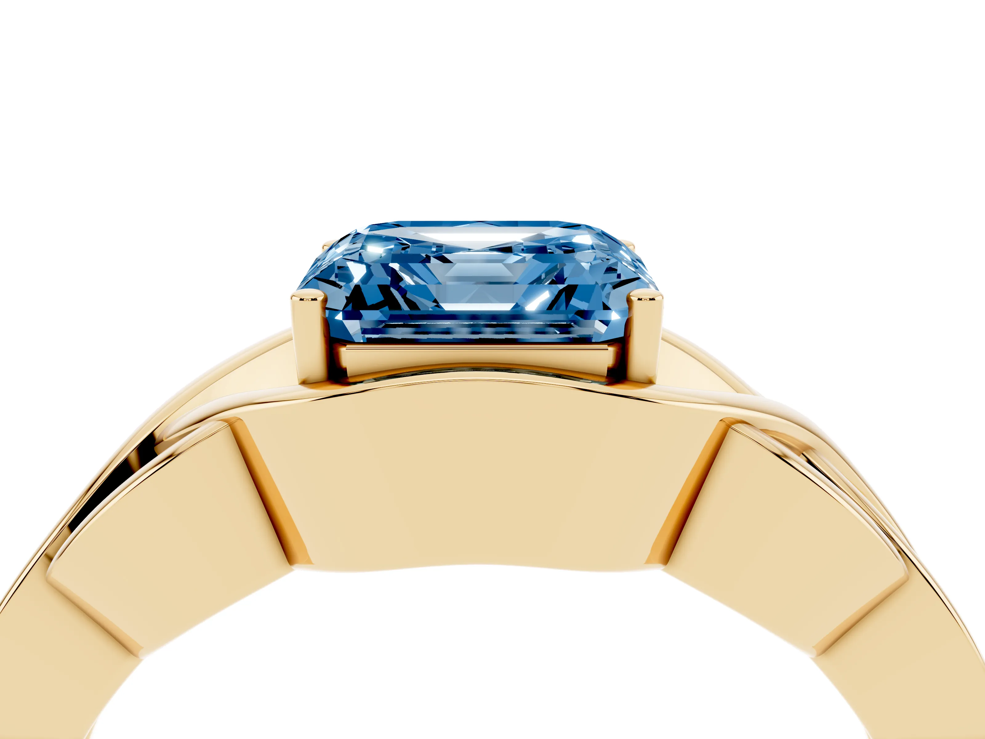 Fancy Blue Asscher Cut Diamond Solitaire Ring Set in Yellow gold with Intertwined Band