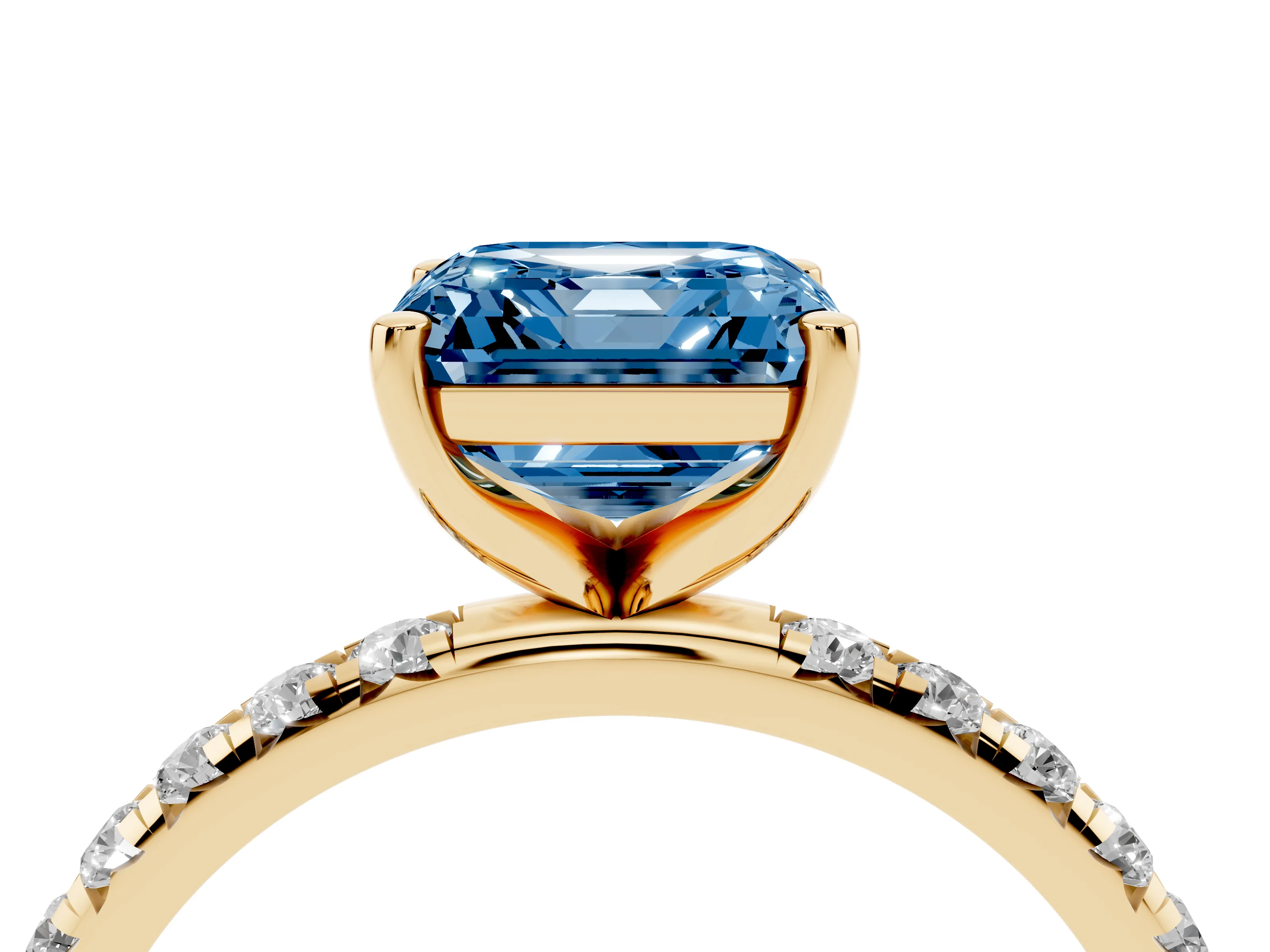 Fancy Blue Asscher Cut Diamond Solitaire Ring Set in Yellow gold with Micro Pavé Band and Prong Setting