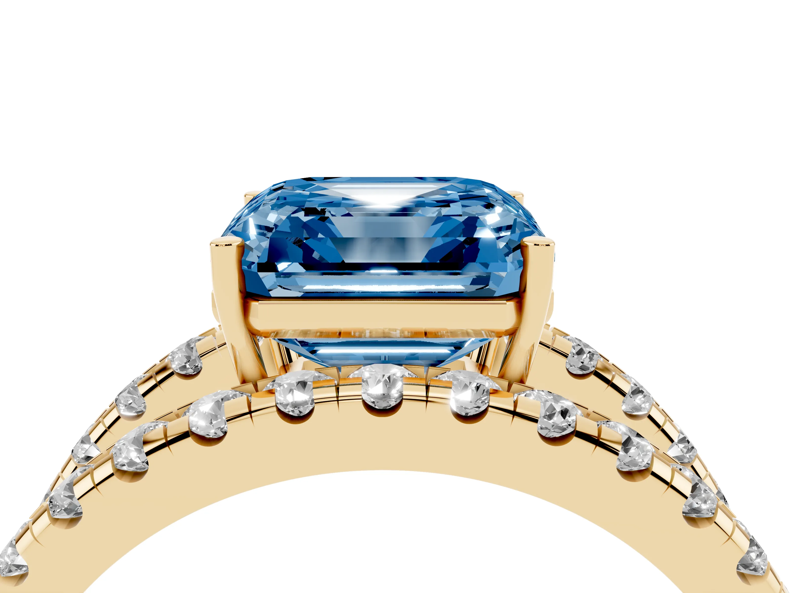 Fancy Blue Asscher Cut Diamond Split Shank Pavé Solitaire Ring Set in Yellow gold with Open Shank Design