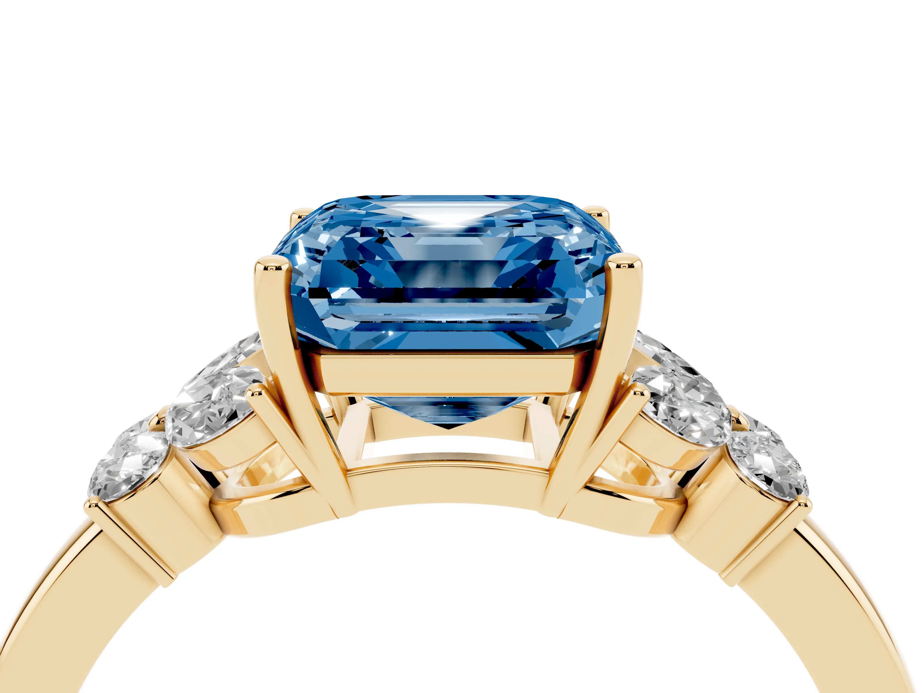 Fancy Blue Asscher Cut Diamond Solitaire Floral Ring Set in Yellow gold with Marquise Petals and Prong Setting