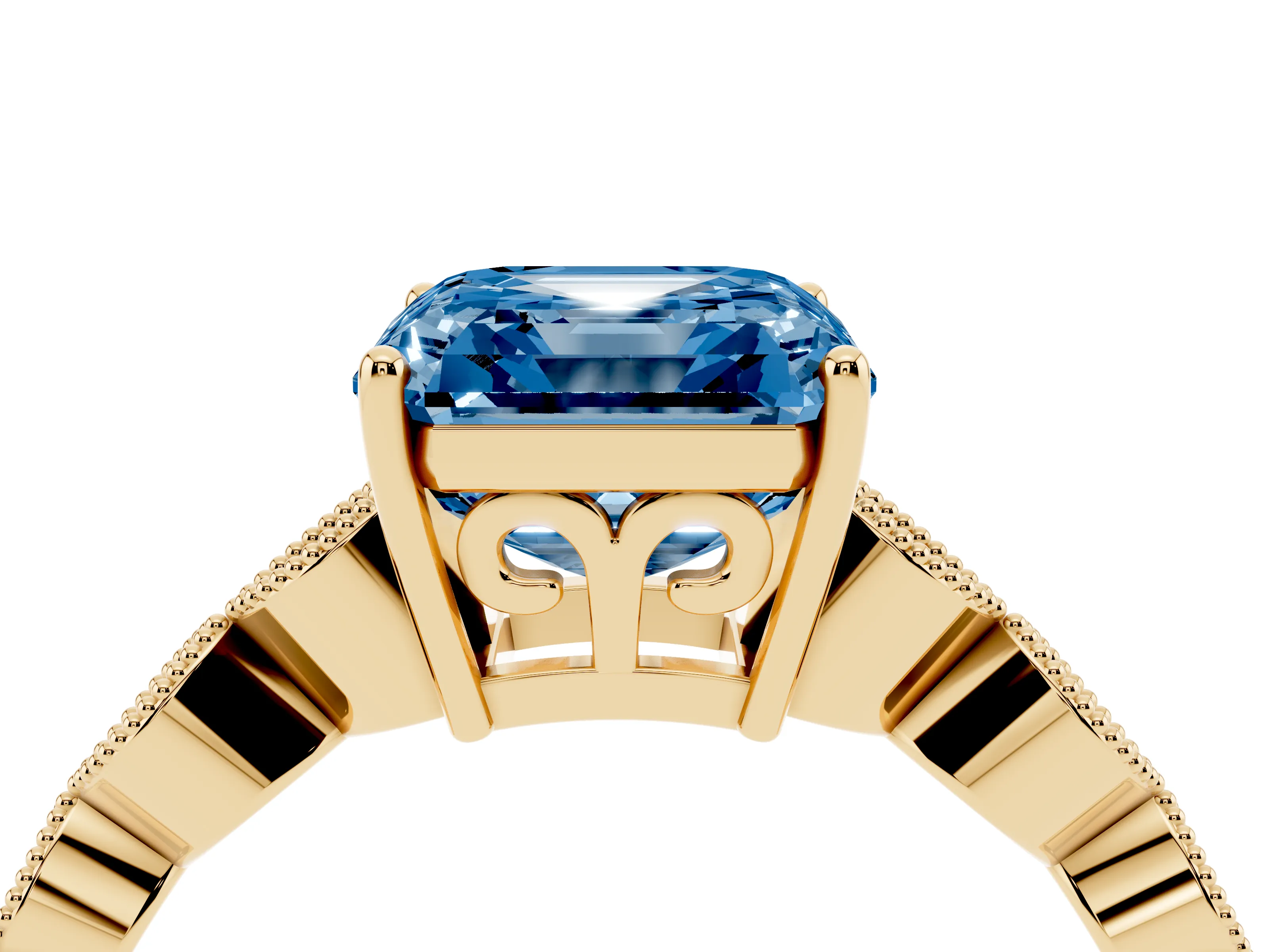 Fancy Blue Asscher Cut Diamond Solitaire Ring Set in Yellow gold with Infinity Twist Pavé Band