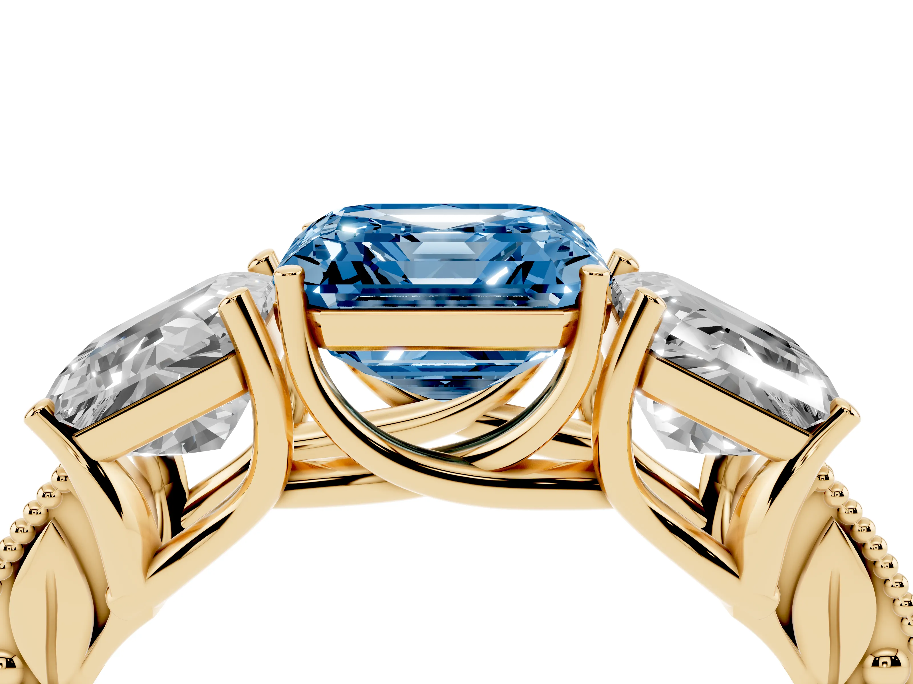 Fancy Blue Asscher Cut Diamond Three-Stone Engagement Ring Set in Yellow gold with Milgrain Pavé Band