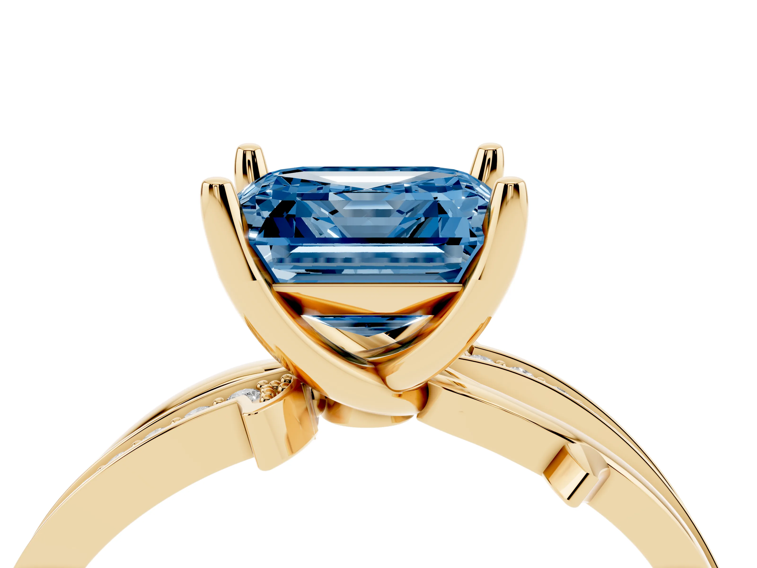 Fancy Blue Asscher Cut Diamond Pavé Twist Band Solitaire Ring Set in Yellow gold with Prong Setting