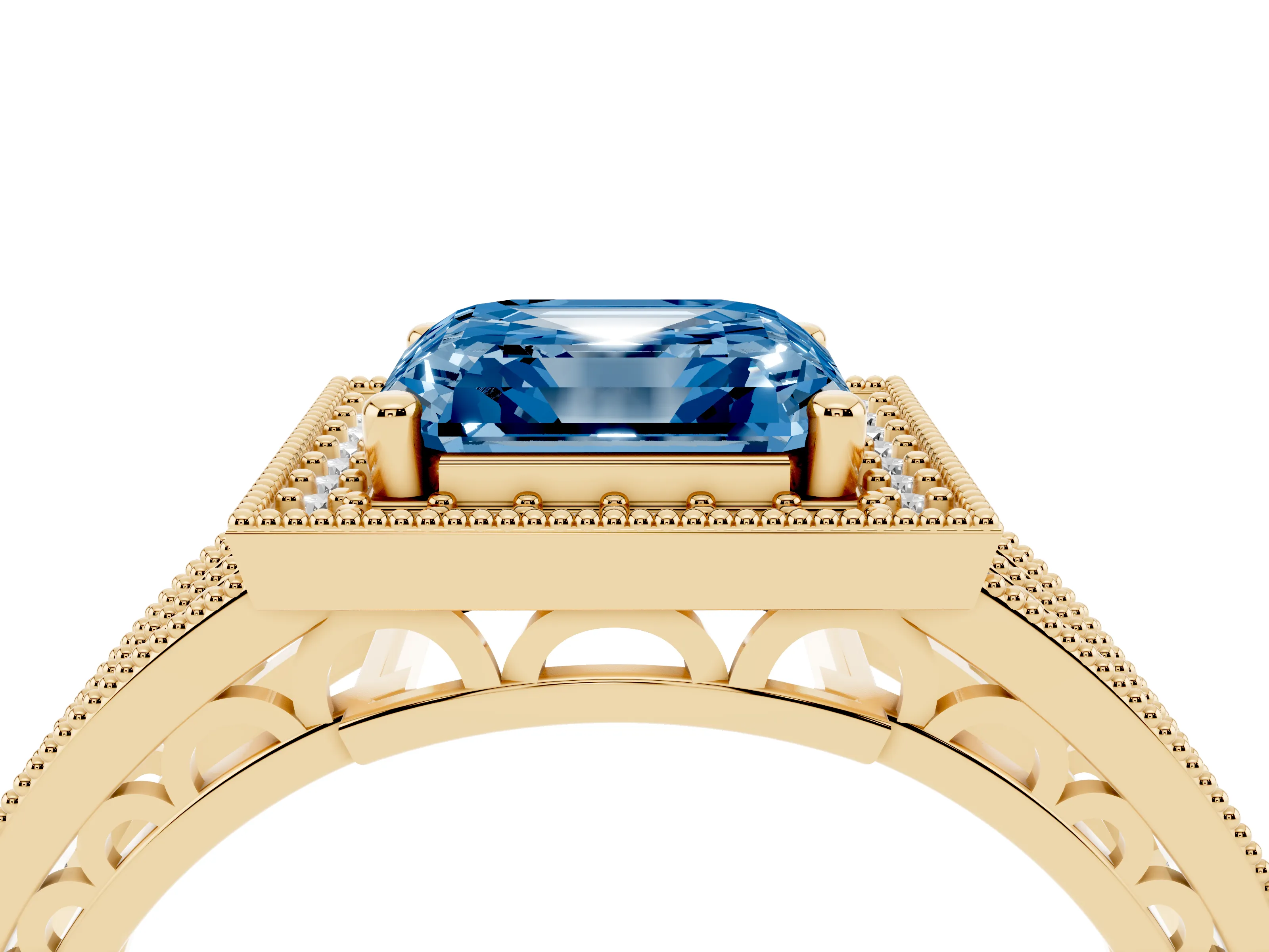Fancy Blue Asscher Cut Diamond Halo Ring Set in Yellow gold with Accent Split Shank and Prong Setting