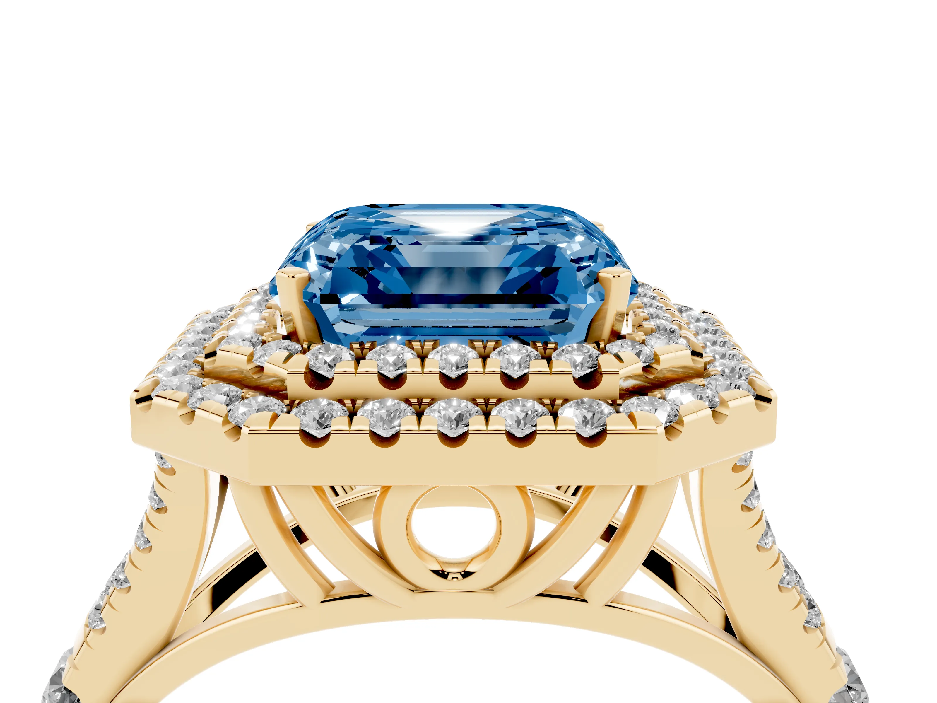 Fancy Blue Asscher Cut Diamond Pavé Split Shank Double Halo Engagement Ring Set in Yellow gold